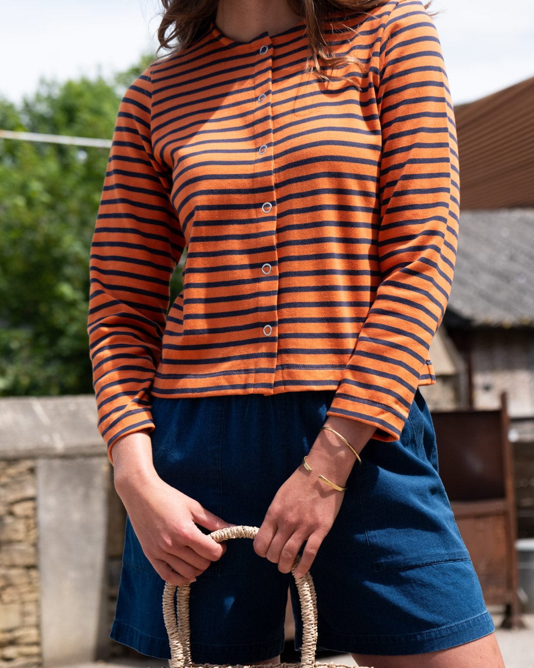 Joss Women's Cotton Jersey Cardigan - Coral & Indigo Stripe Open Front Sweater | Perfect for Office Wear, Casual Outfits & Layering in Spring/Fall