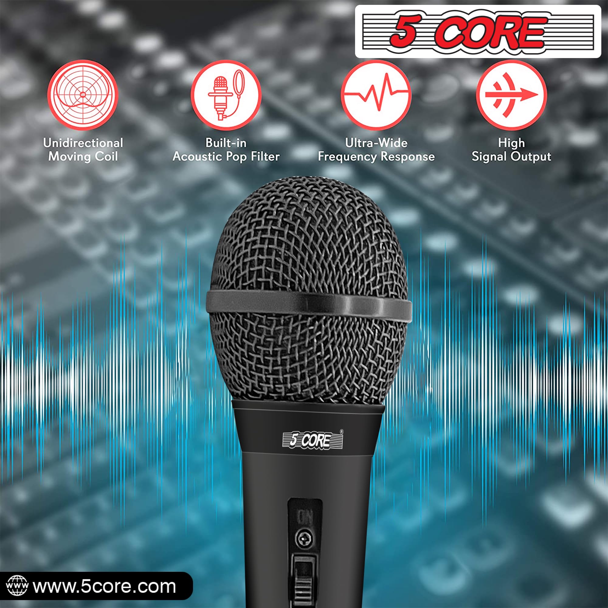 5 CORE Dynamic Vocal Microphone - Cardioid Unidirectional Handheld Mic with On/Off Switch & XLR Cable (PM 101 BLK) for Singing, Karaoke, Live Performances & Studio Recording