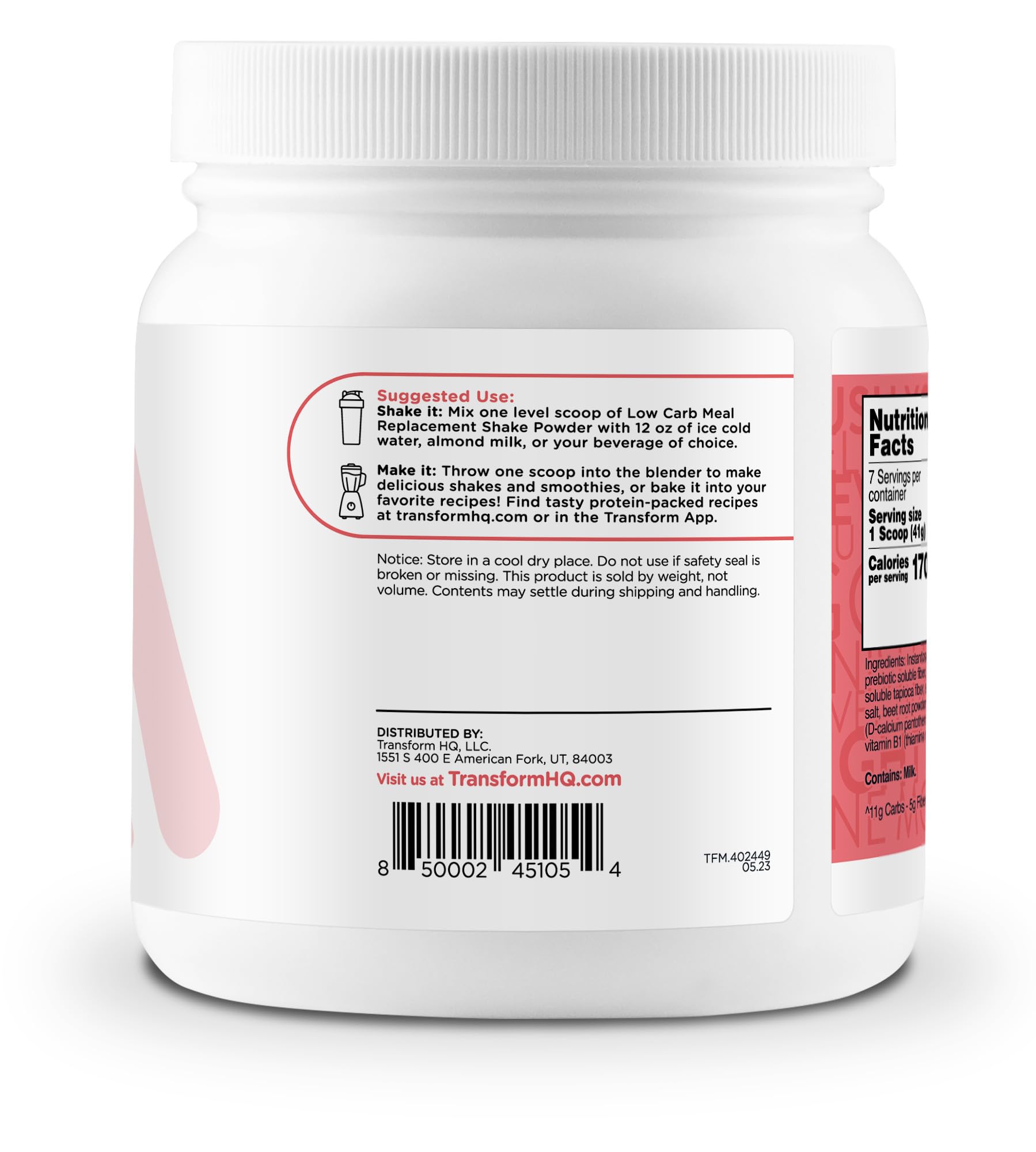 TransformHQ Meal Replacement Shake Powder - Strawberry & Cream Flavor (7 Servings) | Gluten Free, Non-GMO Protein Powder for Weight Loss & Muscle Recovery | Perfect for Busy Professionals, Gym Lovers & On-the-Go Nutrition
