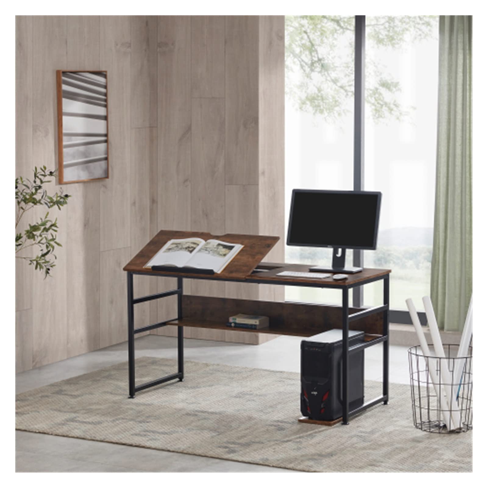 WEPL Large Office Desk with Tiltable Board & Bookshelf - Modern Home Office Desk, Drafting Table, Study Writing Table & PC Workstation - Perfect for Artists, Crafters & Remote Workers