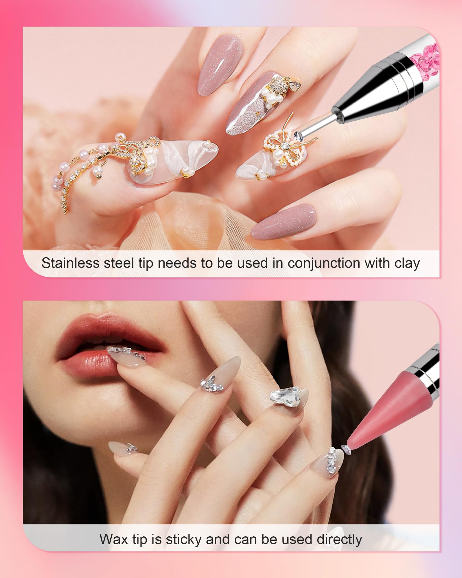 Rolybag Dual-Ended Rhinestone Picker & Applicator Tool with 4 Replaceable Wax Tips & Tweezers - Perfect for DIY Nail Art, Jewelry Making & Craft Projects (Pink)
