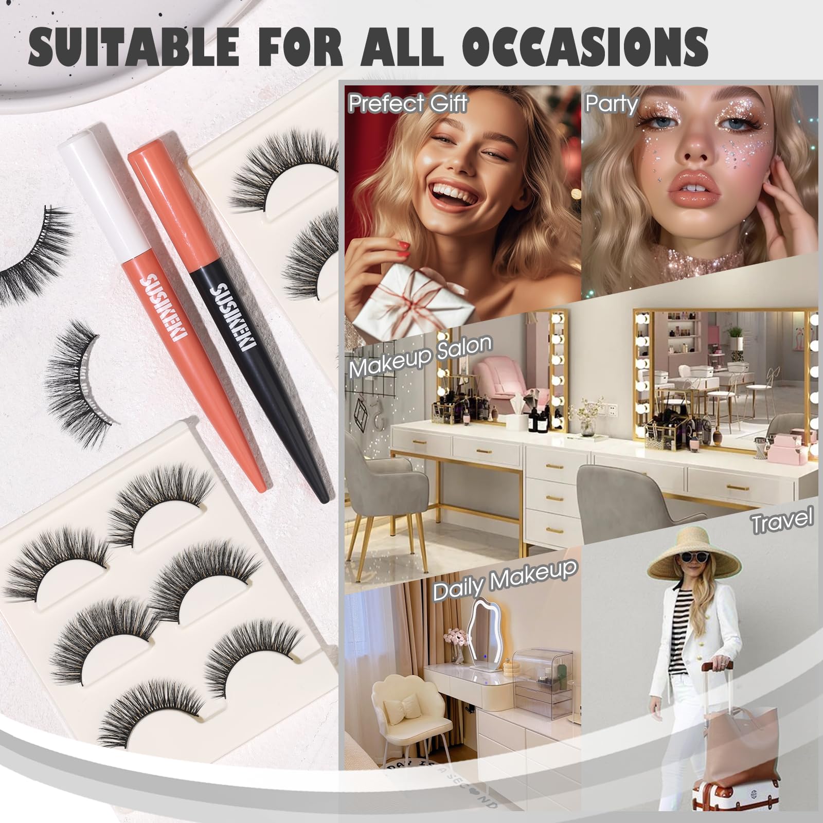 2-in-1 Black Eyelash Glue & Eyeliner Set with Clear Lash Adhesive + 3 Pairs 3D Natural False Eyelashes - Waterproof, Quick-Dry, Long-Lasting Felt Tip Pen Liner for Dramatic Eye Makeup Looks - Perfect for Parties, Weddings and Special Occasions
