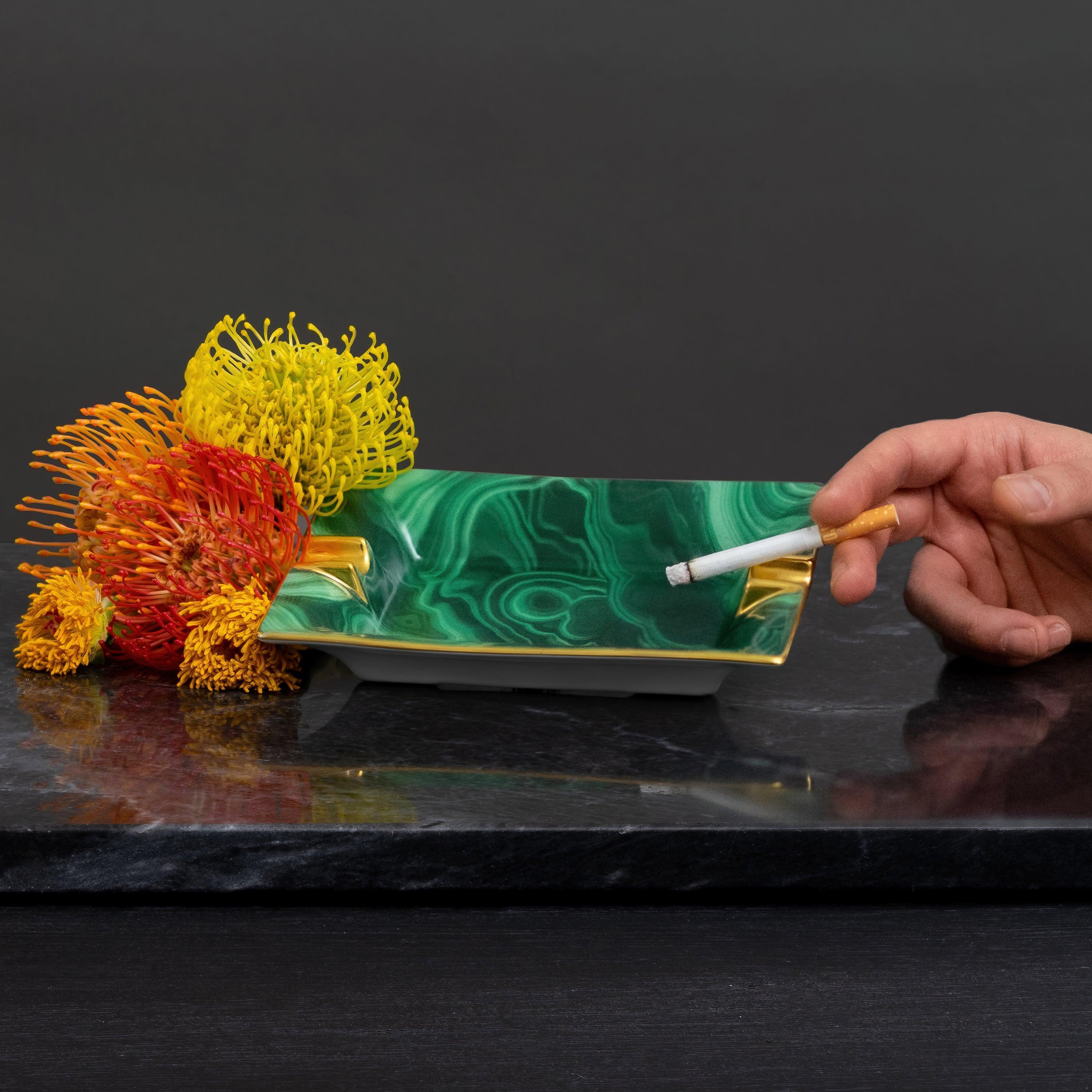 Handmade Malachite Stone Ashtray - Premium Green Gemstone Cigar Tray for Smoking Accessories | Perfect for Home, Office & Outdoor Use