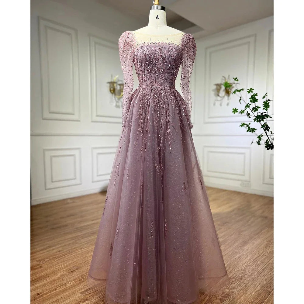 Elegant Dusty Pink Long Sleeve Evening Gown - Luxury Dubai Party Dress for Women LA71915 | Perfect for Weddings, Galas & Formal Events