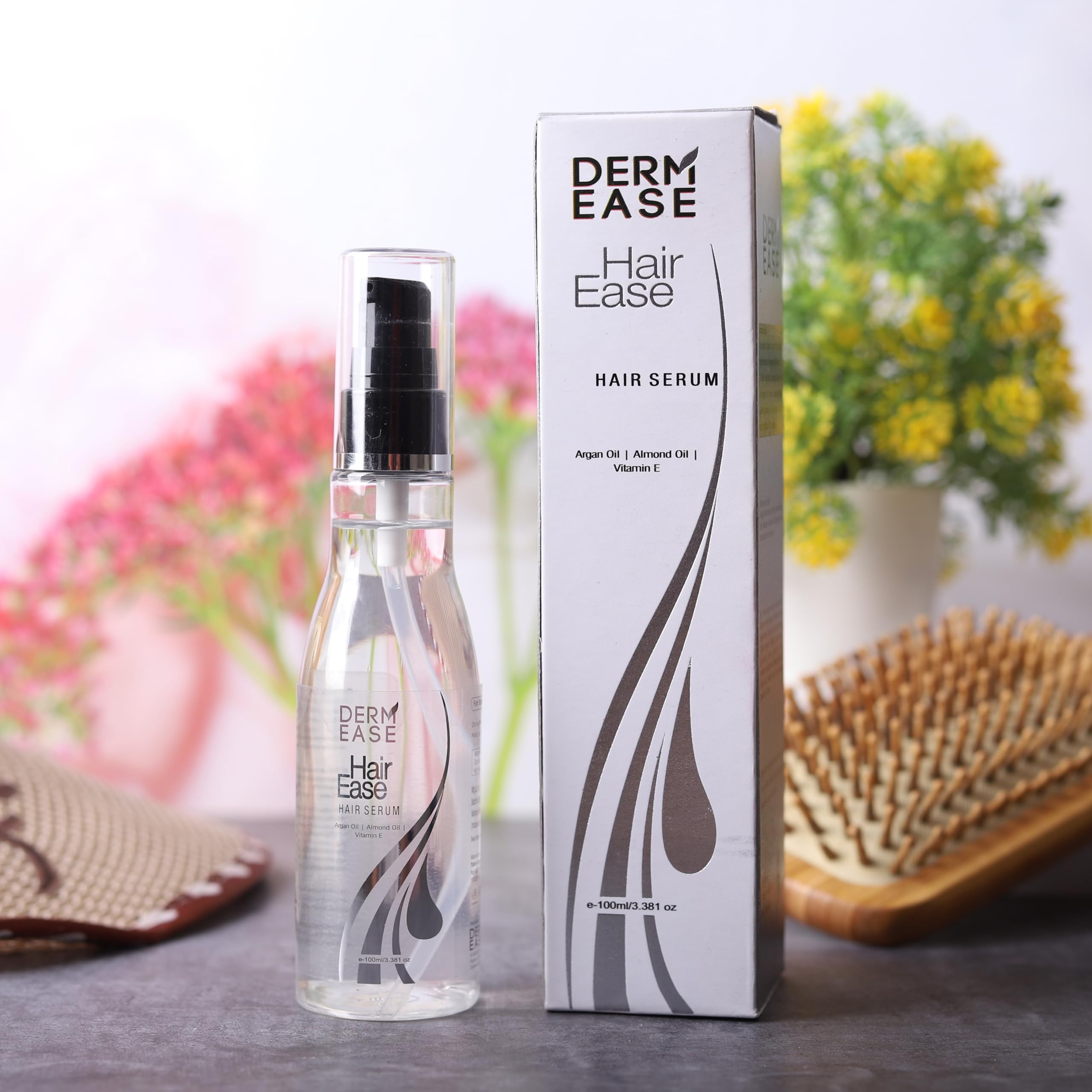 Derm Ease Hair Serum with Argan Oil, Almond Oil & Vitamin E - Repairing Treatment for Frizzy, Damaged Hair - Men & Women (100ml) - Perfect for Daily Hair Care & Salon-Quality Results at Home