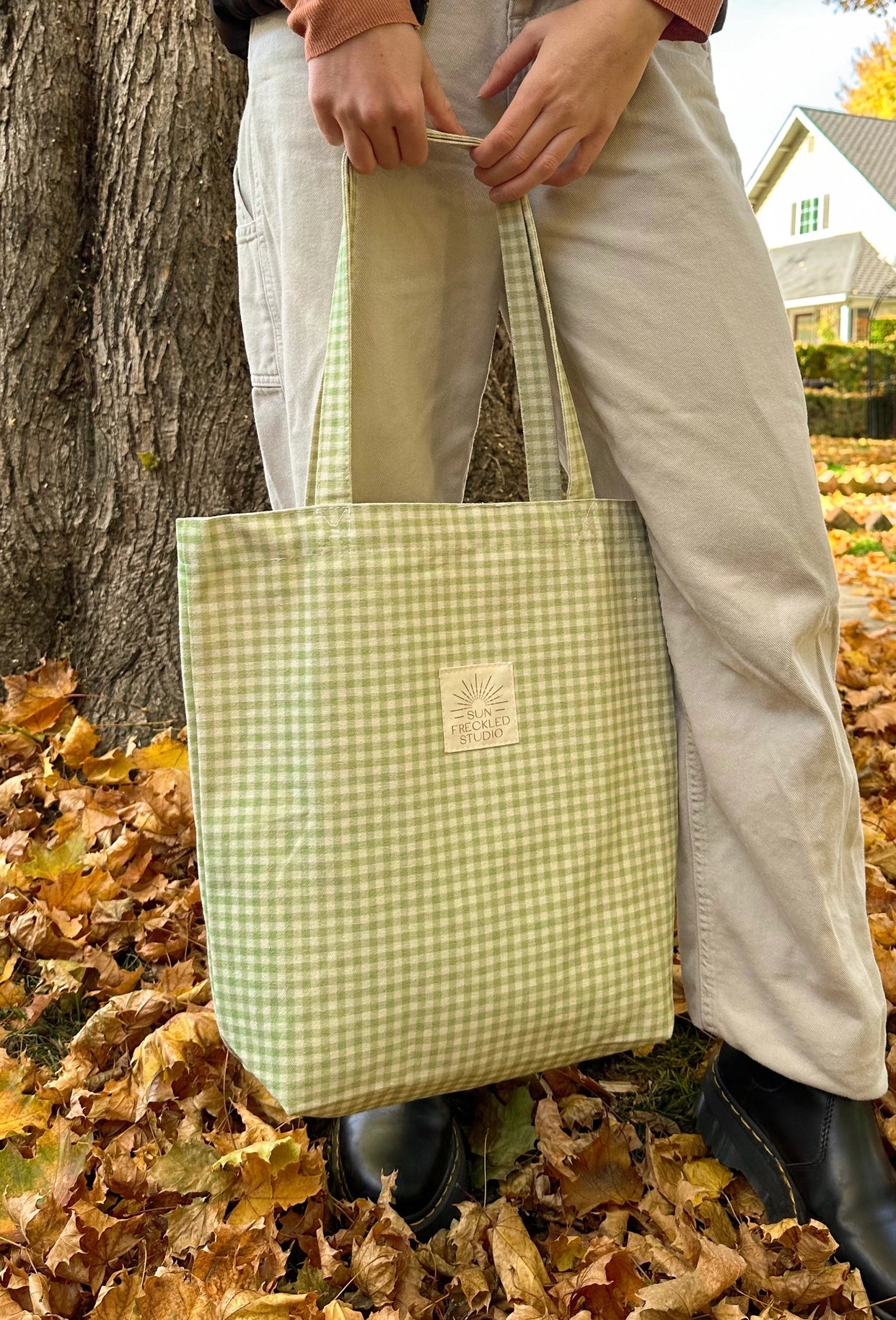Sage Gingham Tote Bag for Women - Lightweight Canvas Shoulder Bag with Interior Pockets & Magnetic Snap Closure - Perfect for Work, Beach, Shopping & Travel