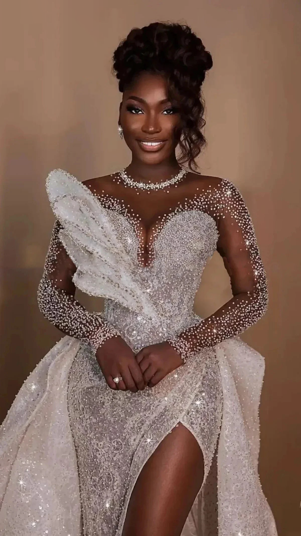 2024 Plus Size Long Sleeve Sheer Net Mermaid Wedding Dress with Detachable Train - Elegant Bridal Gown for Beach, Church & Formal Weddings