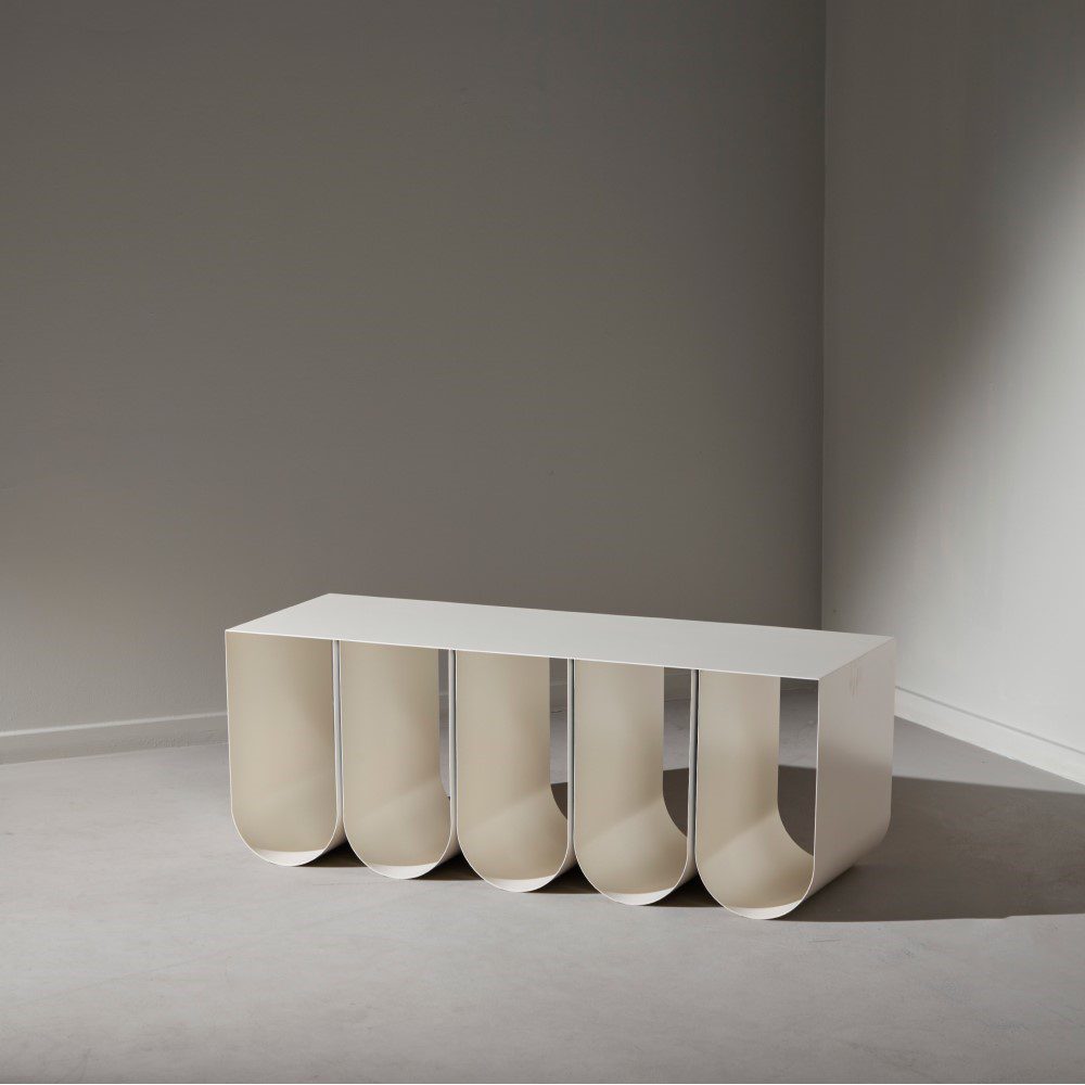 KRISTINA DAM STUDIO Modern Curved Bench in Beige - Stylish and Comfortable Seating for Living Room, Bedroom, or Entryway