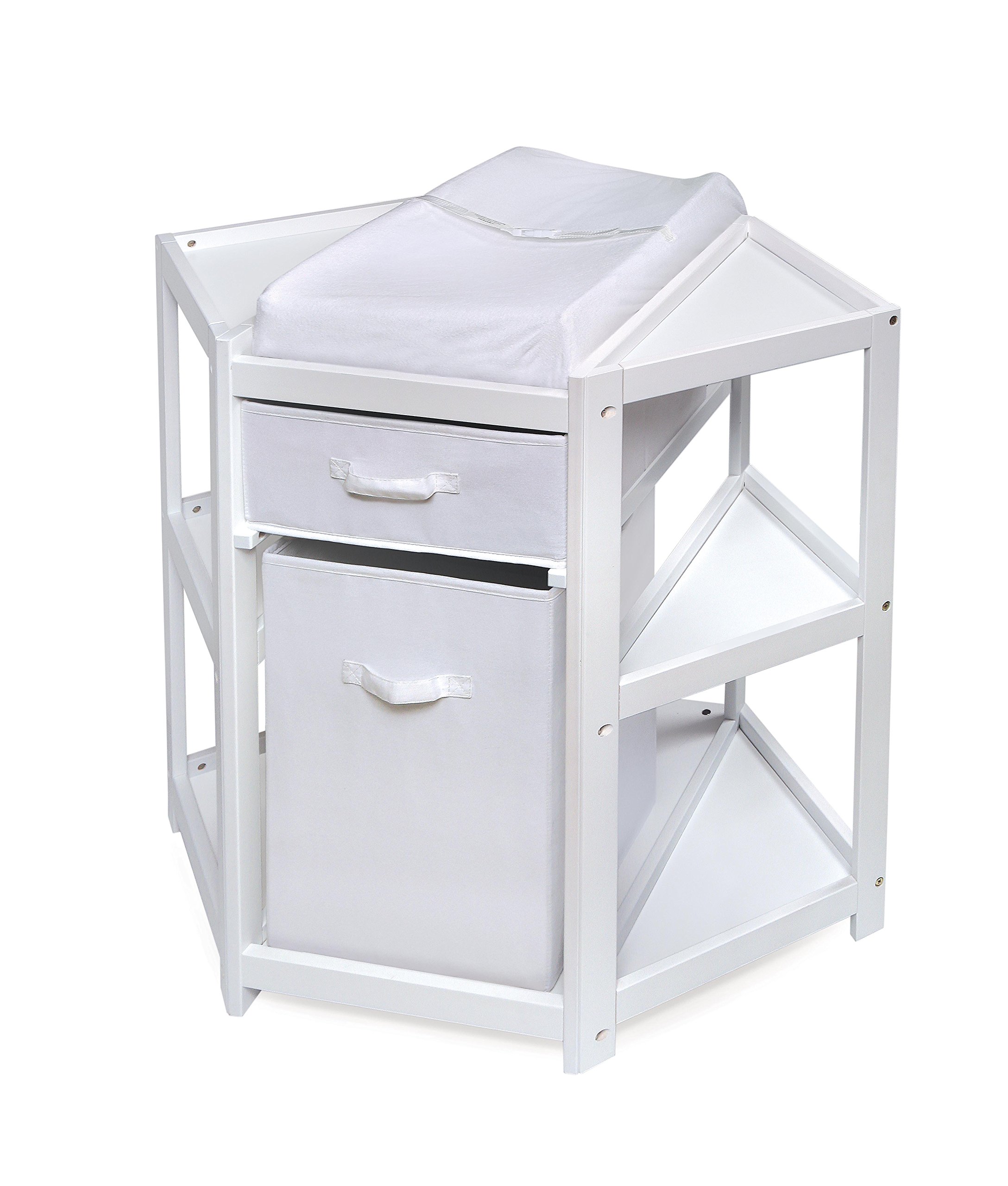 Badger Basket Diaper Corner Baby Changing Table - White Space-Saving Nursery Changing Station with Hamper, Storage Basket & Changing Pad - Perfect for Small Nurseries & Baby Rooms