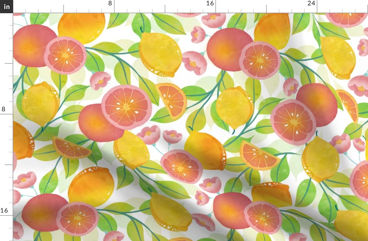 Citrus Fruit Printed Denim Fabric by The Yard - Grapefruit, Oranges & Lemons Design in Yellow, Pink & Green - Bottomweight for Apparel, Home Decor & Upholstery | Perfect for Summer Dresses, Curtains & DIY Crafts