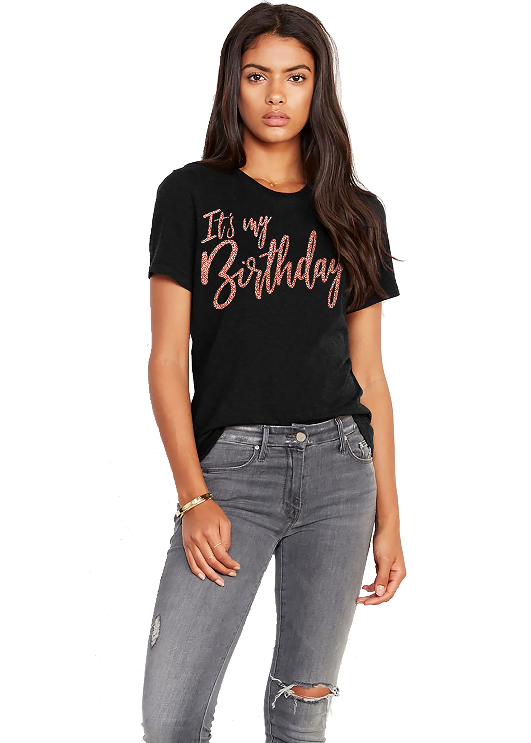 Women's Birthday Squad T-Shirt - Glam Rose Gold Party Tee - Black Small - Fun Group Outfits for Girls' Night Out & Birthday Celebrations