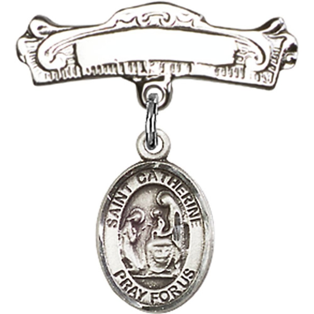 St. Catherine of Siena Sterling Silver Baby Badge - 7/8 X 7/8 Inch Arched Polished Charm Pin - Perfect for Christenings, Baptisms & First Communion Gifts