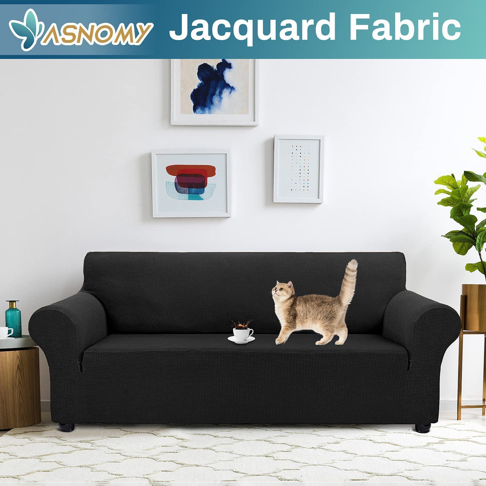 Asnomy Stretch Sofa Slipcover for 3-Cushion Couch - Jacquard Spandex Pet-Friendly Furniture Protector (Large, Black) - Perfect for Living Room, Family Room & Pet Owners
