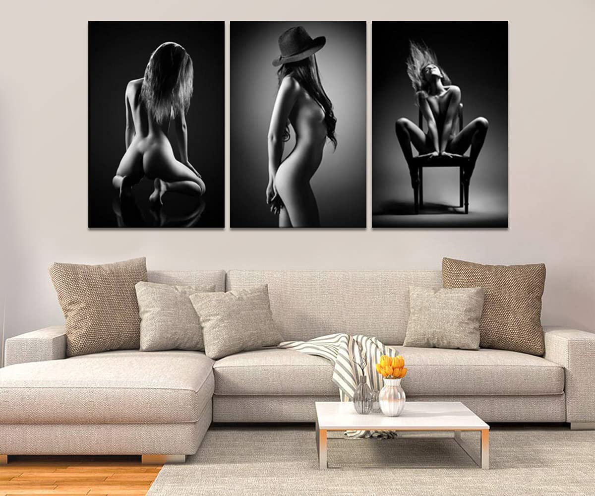 Modern Abstract Nude Woman Canvas Wall Art Set - 3 Piece Black & White Framed Prints (24
