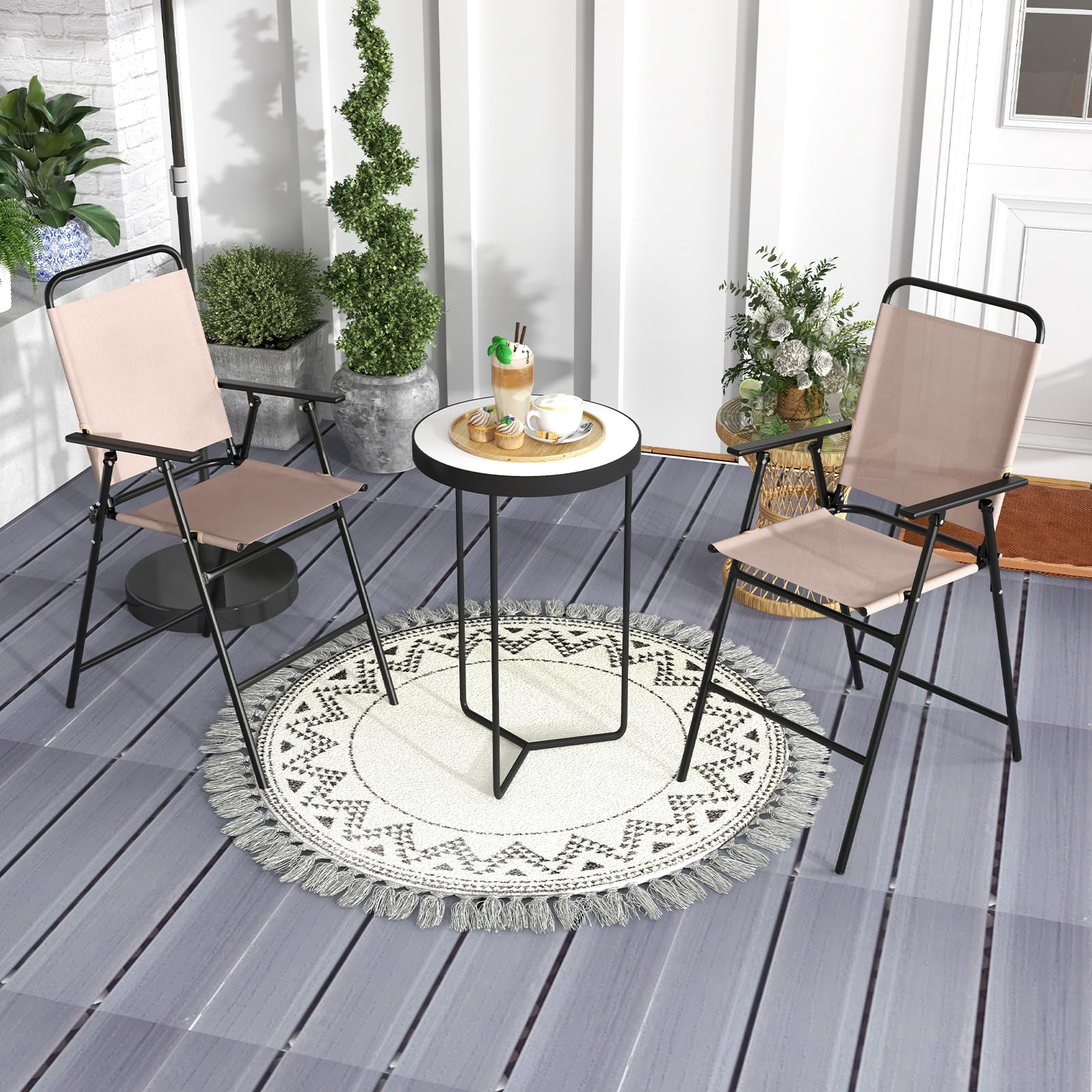Giantex Outdoor Folding Bar Chair Set of 2 - Patio Bar Stools with Backrest, Armrests & Footrest - Heavy Duty 330 LBS Capacity Metal Frame Bar-Height Chairs for Backyard, Poolside, Balcony, Deck - Perfect for Outdoor Dining, Entertaining & Relaxation