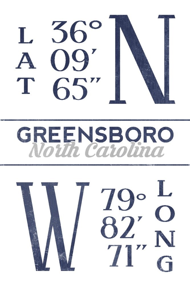 Greensboro North Carolina Latitude Longitude Coordinates - Blue 12x18 Wall Art Poster for Home & Office Decor | Perfect for Living Room, Bedroom, or Gift
