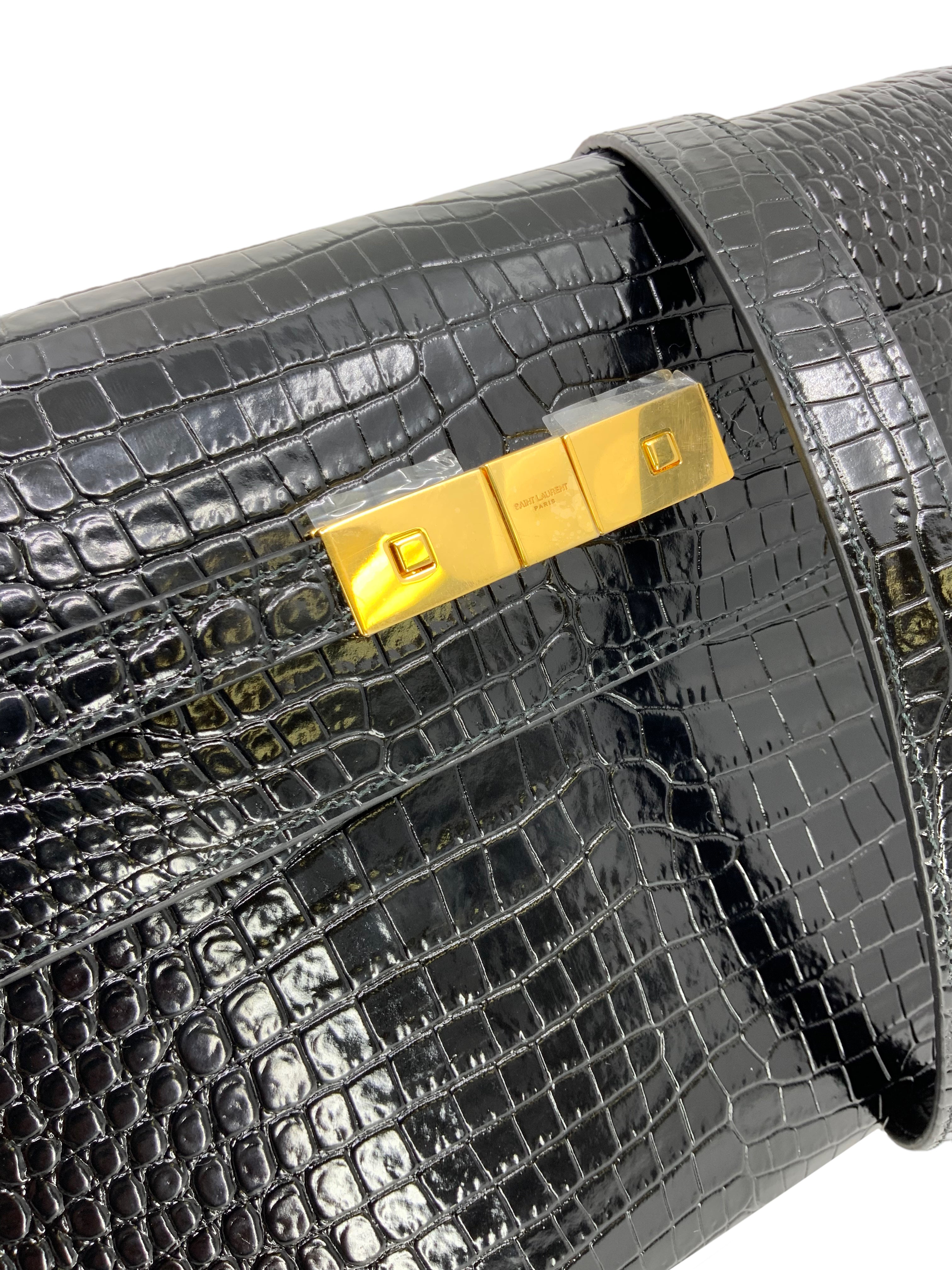SAINT LAURENT Manhattan Crocodile Embossed Patent Leather Shoulder Bag for Women - Luxury Designer Handbag for Work, Travel & Evening Events