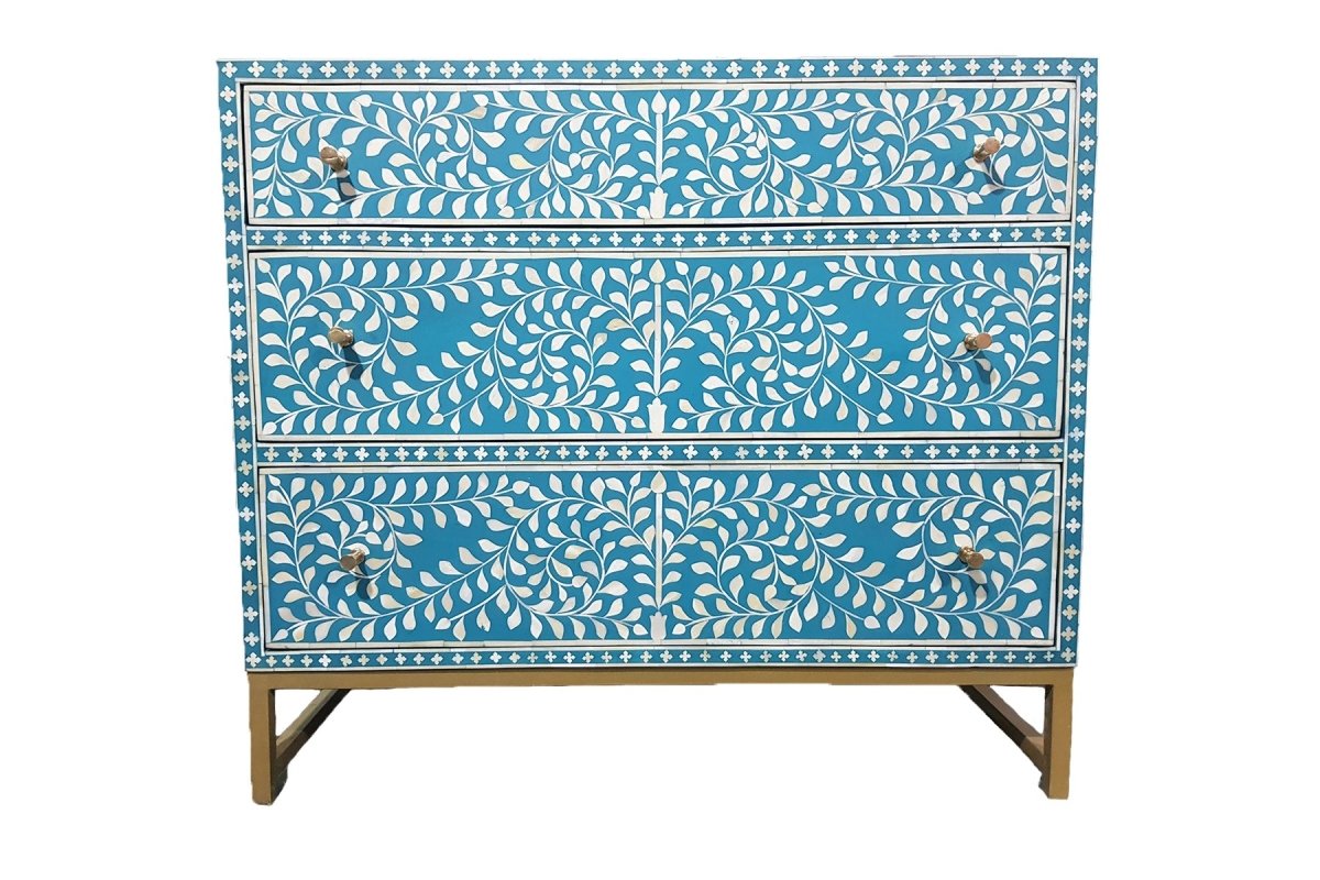 Handmade Bone Inlay Dresser with 3 Drawers - Teal Green Vintage Storage Cabinet for Bedroom, Living Room & Entryway Organization