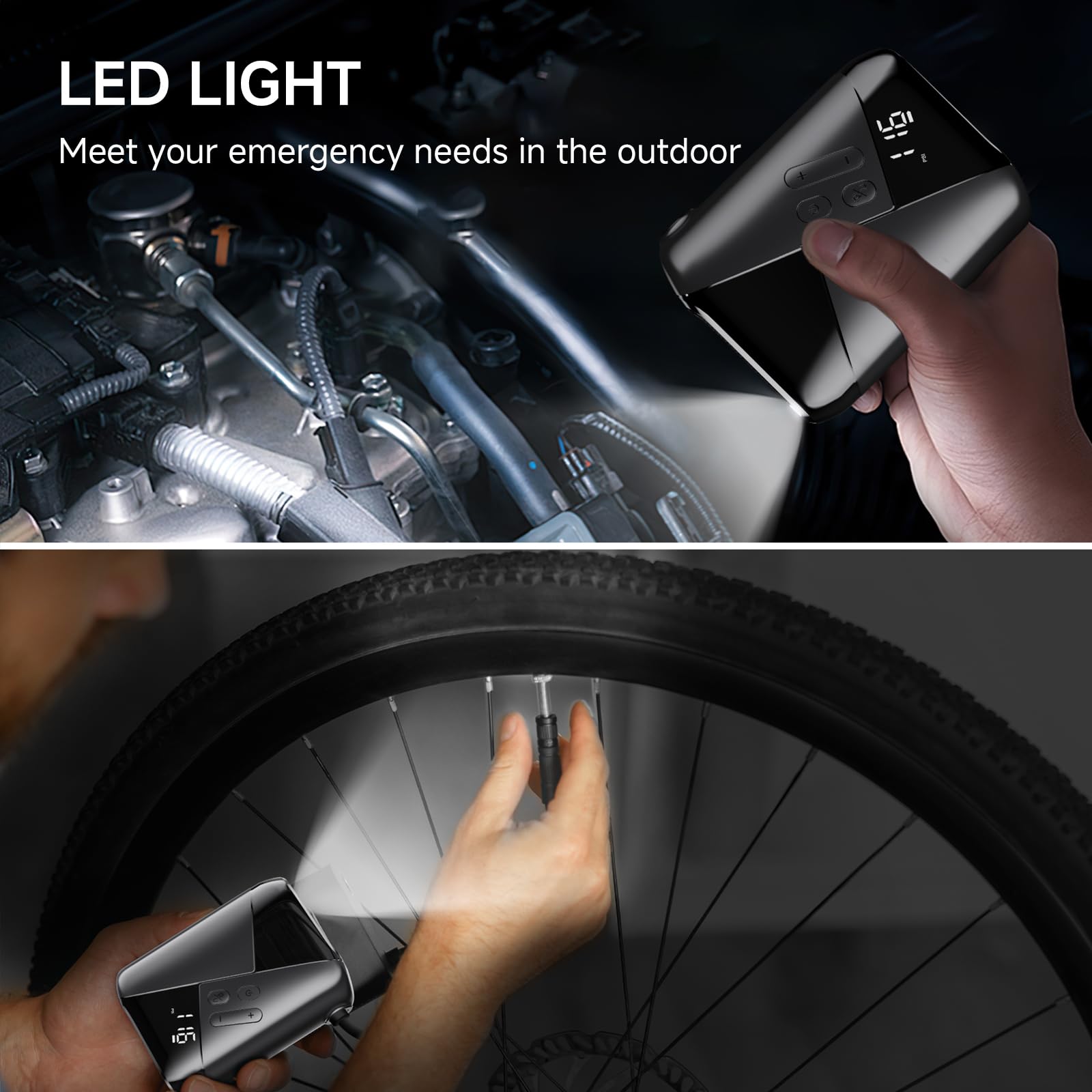 Rechargeable 3200mAh Electric Bike Pump - 150PSI Portable Air Compressor with 10L/Min Fast Inflation, Dual Presta & Schrader Valve for Bicycle, Motorcycle, Car Tires and Sports Balls - Perfect for Road Trips, Cycling Adventures and Emergency Tire Inflation