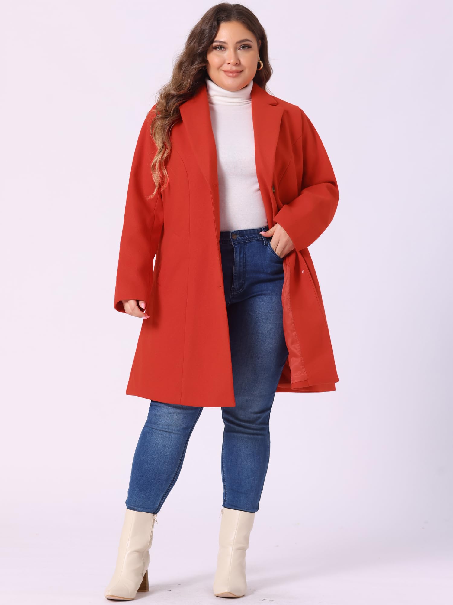 Agnes Orinda Women's Plus Size Single Breasted Notch Lapel Long Winter Coat - Elegant Warm Wool Blend Outerwear for Cold Weather, Office & Holiday Occasions