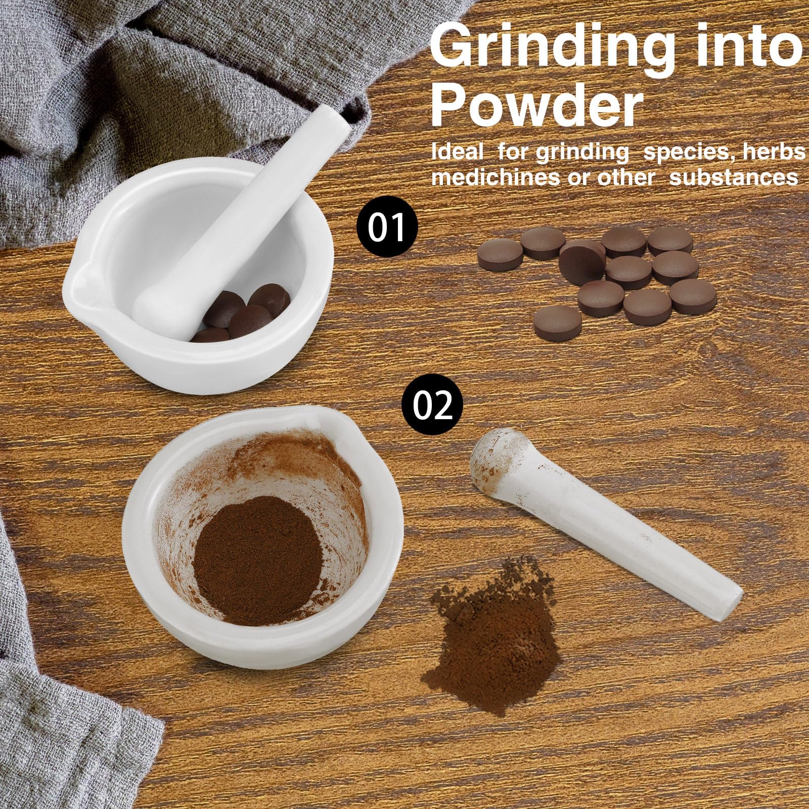 2 Sets Mini Porcelain Mortar and Pestle Set - Premium Herb Grinder & Spice Crusher for Kitchen - Perfect for Grinding Seasonings, Herbs, Nuts, and Medicine - Includes 2 Cleaning Brushes (Great for Home Cooking, Pharmacy Use & DIY Essential Oils)