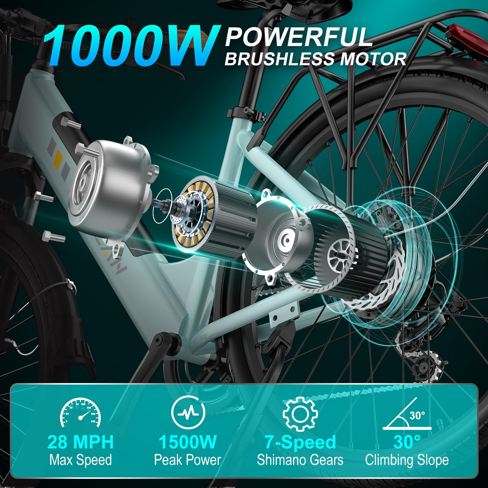 V80 1000W Electric Bike for Adults - 28MPH 48V 13Ah Removable Battery E-Bike - 26