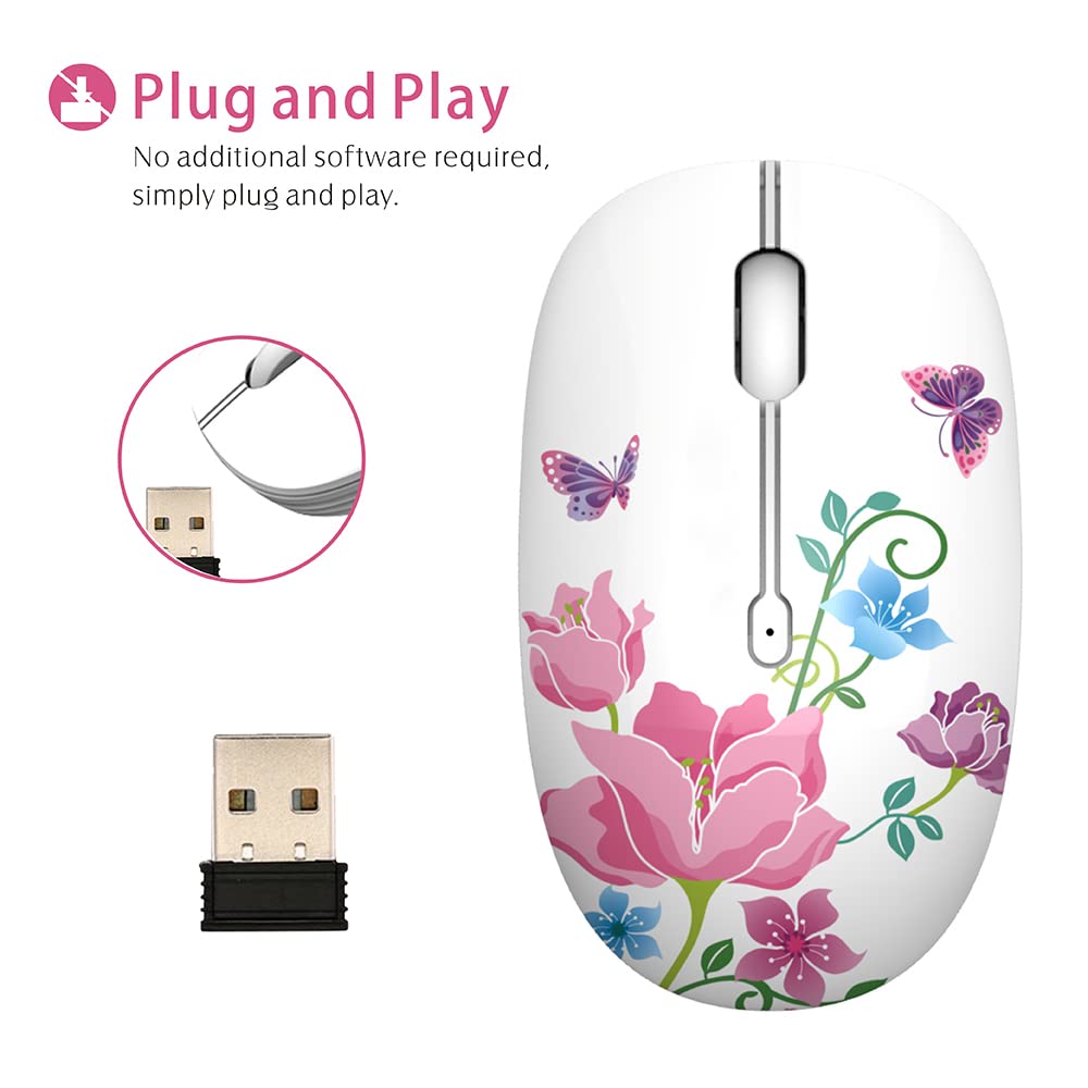 TENMOS M101 Wireless Mouse - Cute Silent USB Mouse with 2.4G Receiver, 1600 DPI Optical Wireless Travel Mouse for Laptop, Notebook, PC - Perfect for Office, Home & Travel (Butterfly Design)