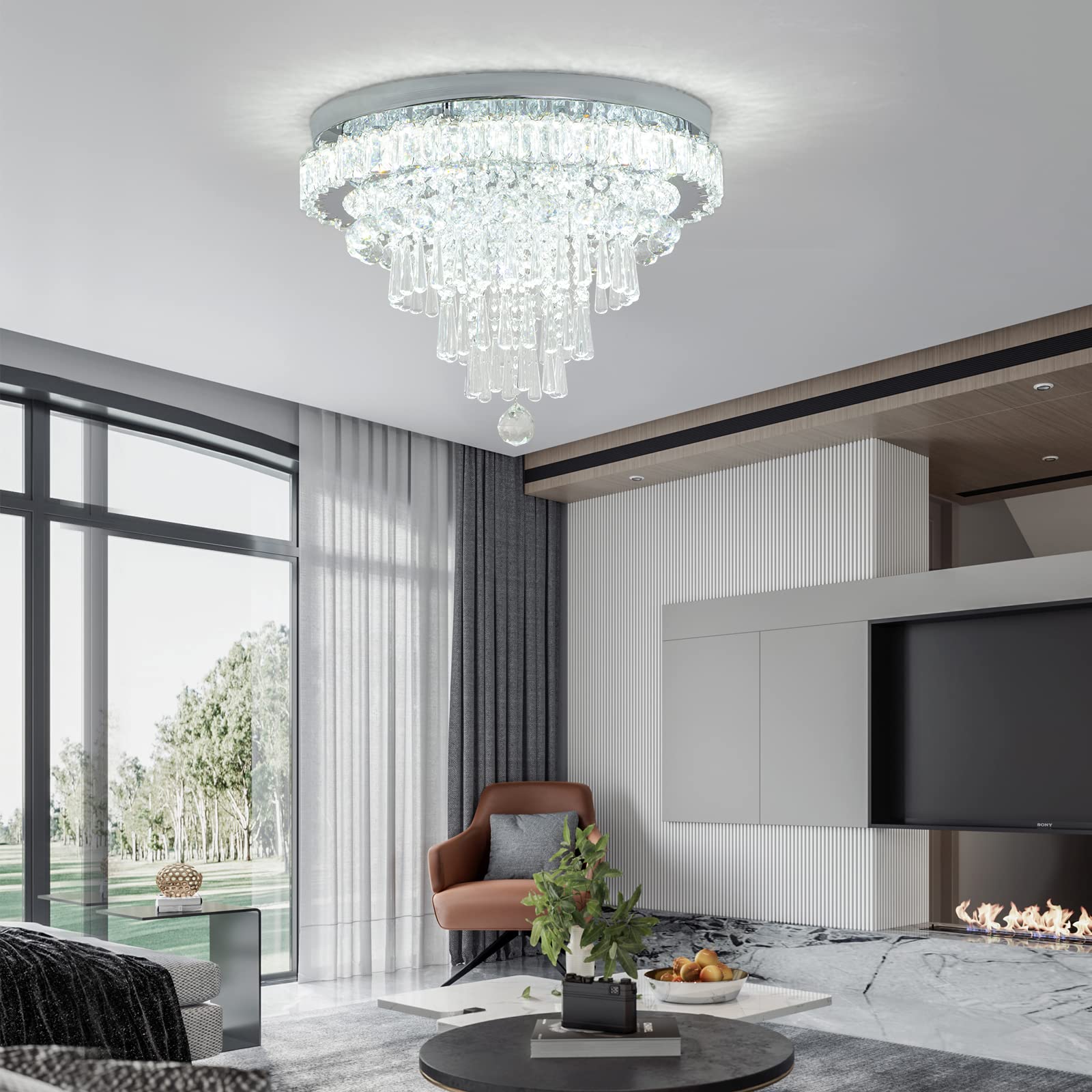 CLAIRDAI Modern Crystal Chandelier - Dimmable LED Flush Mount Ceiling Light with Remote Control & 5-Tier Crystal Drops | Perfect for Hallway, Bedroom, Dining Room, Living Room | Elegant Lighting for Home Decor & Special Occasions