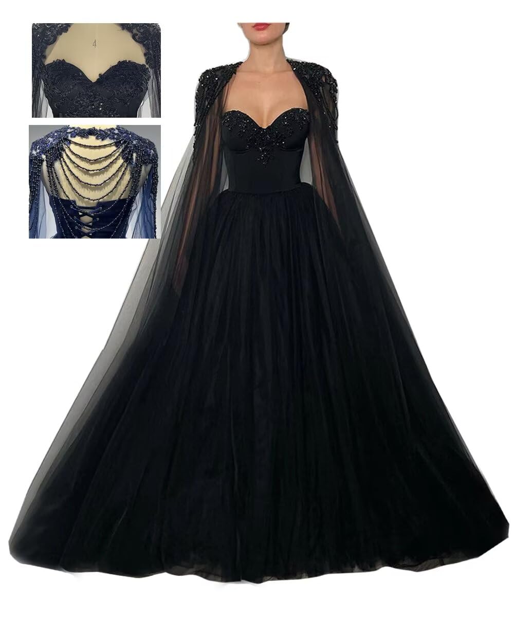 Elegant Black Beaded Wedding Dress with Cape | Strapless Tulle Bridal Gown for Bride | Pearly Embellished Long Wedding Dress for Evening Ceremony, Vow Renewal & Formal Events