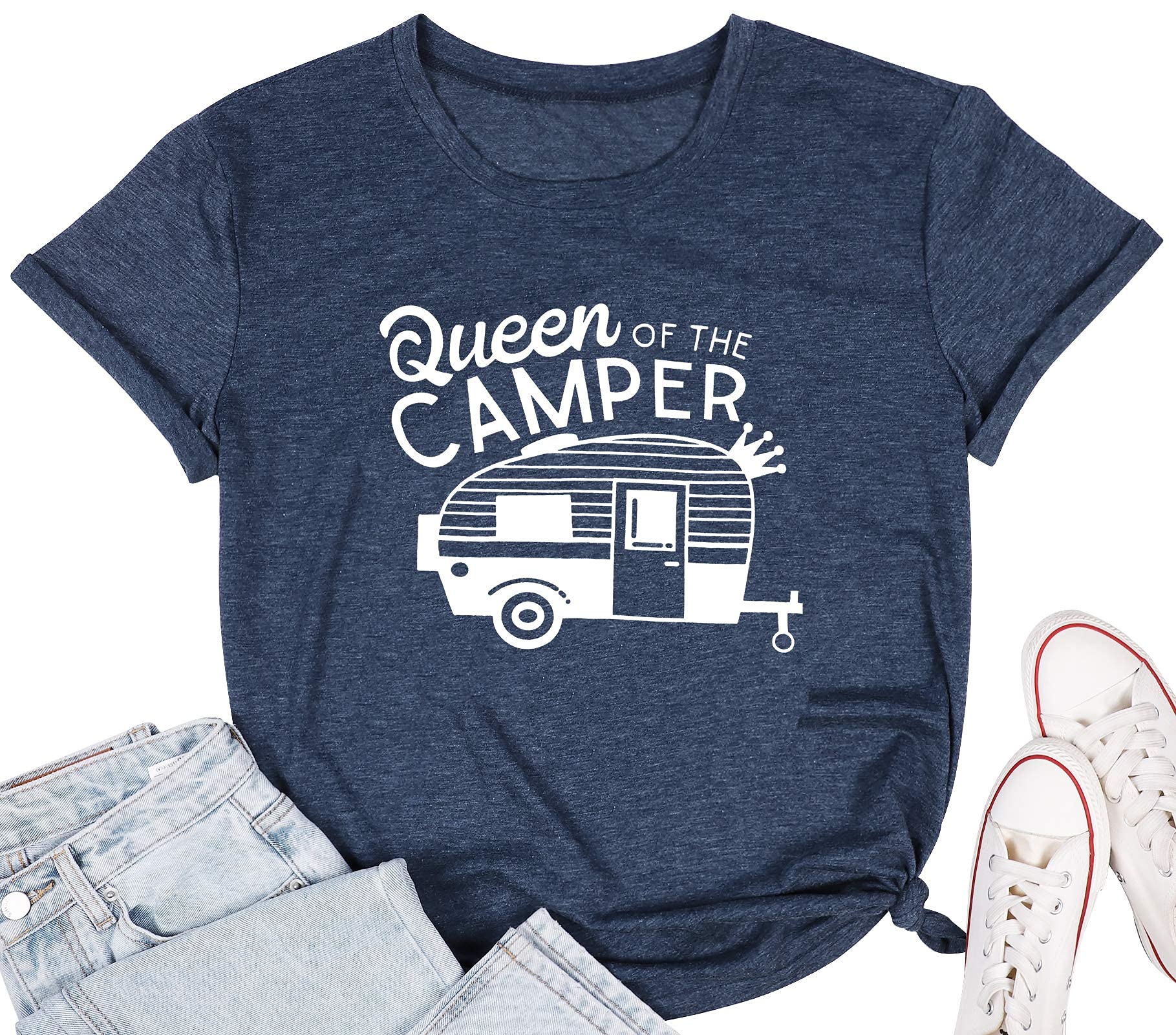 Queen of The Camper T-Shirt - Women's Funny Camping Graphic Tee with RV Letter Print | Short Sleeve Casual Top for Outdoor Adventures, Road Trips & RV Life