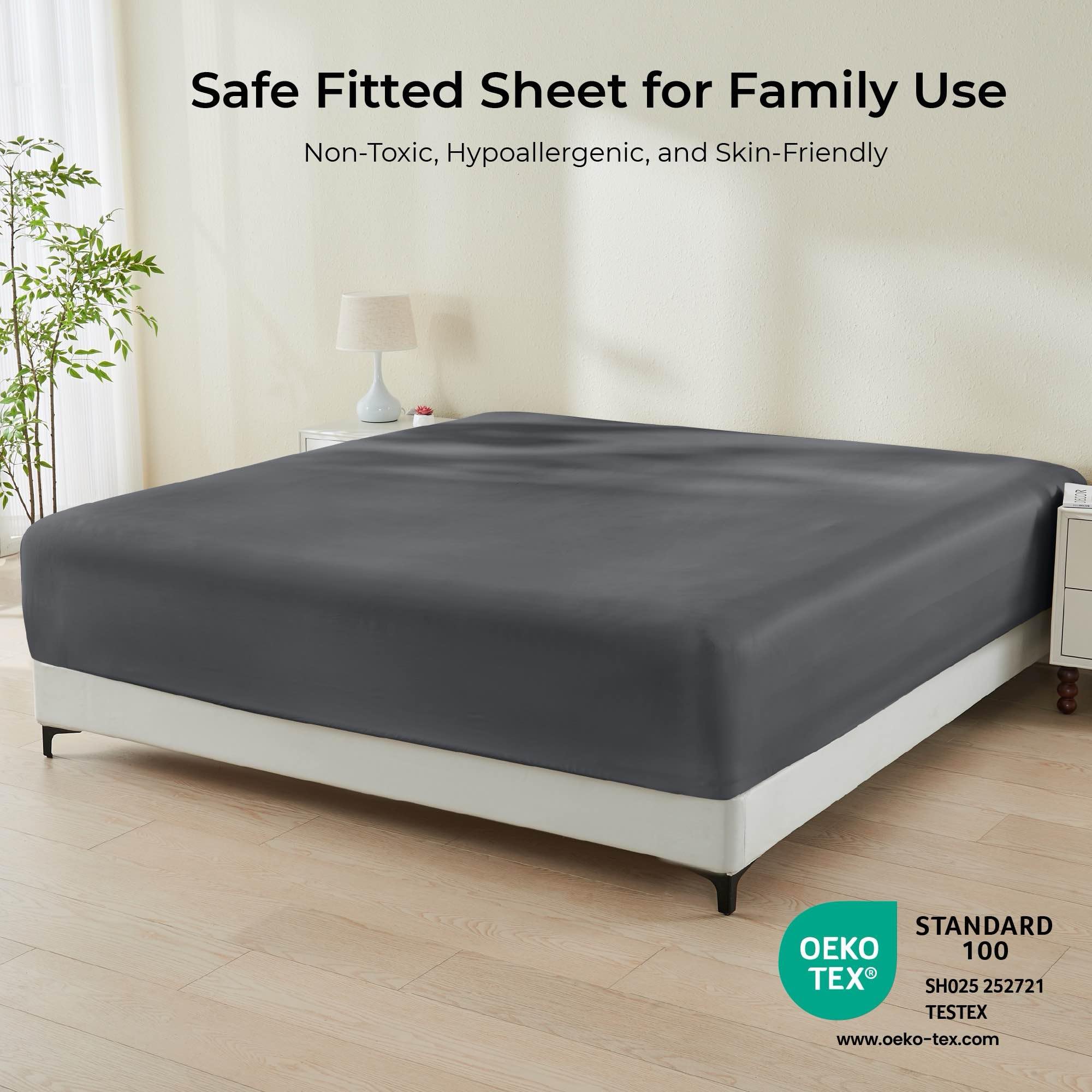 GOKOTTA 16 Inch Deep Pocket Bamboo Rayon Fitted Sheet - Queen Size Cooling & Breathable Bottom Sheet with 4-Way Stretch Elastic Corners (Dark Grey) | Perfect for Hot Sleepers, Guest Beds & Adjustable Mattresses