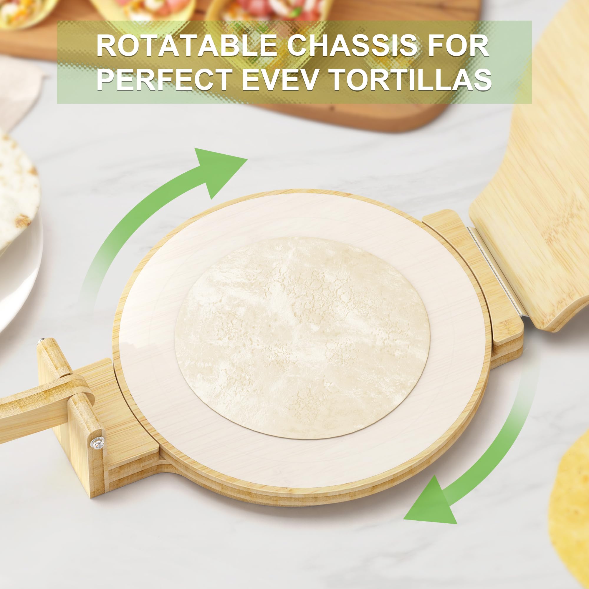 10 Inch Bamboo Tortilla Press - Handmade Quesadilla & Roti Maker with Parchment Paper & Dough Cutter for Homemade Corn/Flour Tortillas - Perfect for Mexican Cooking, Indian Roti, Home Baking & Meal Prep