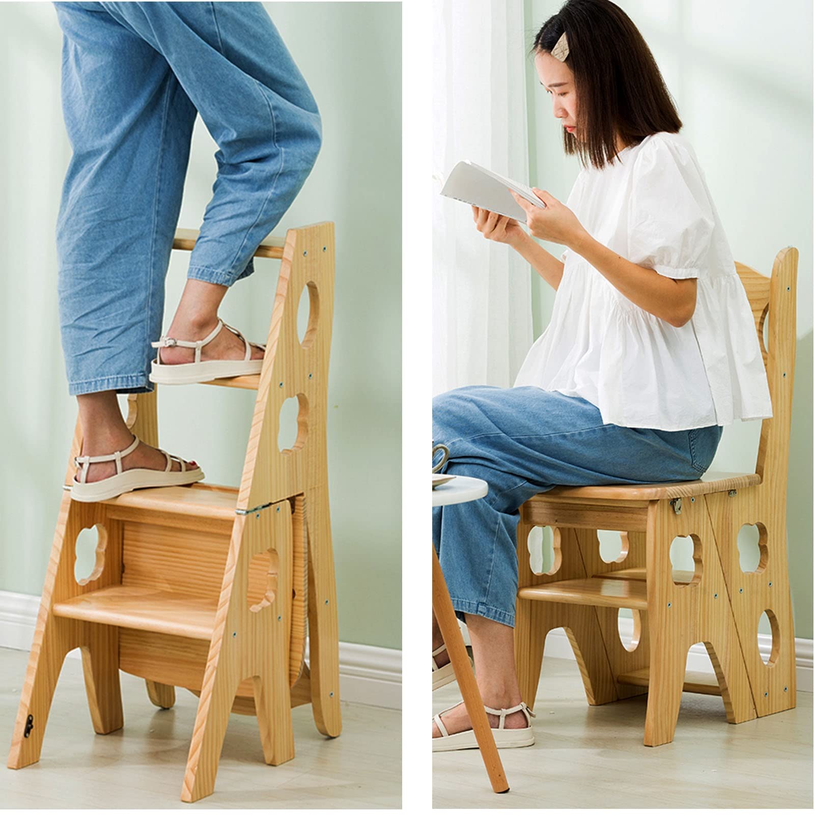 XHALERY 4-Step Wooden Folding Step Stool - Foldable Foot Stool, Shoe Bench & Flower Stand - Safe Home Ladder for Kids, Seniors & Storage - Perfect for Bathroom, Kitchen, Bedroom & Garden Use
