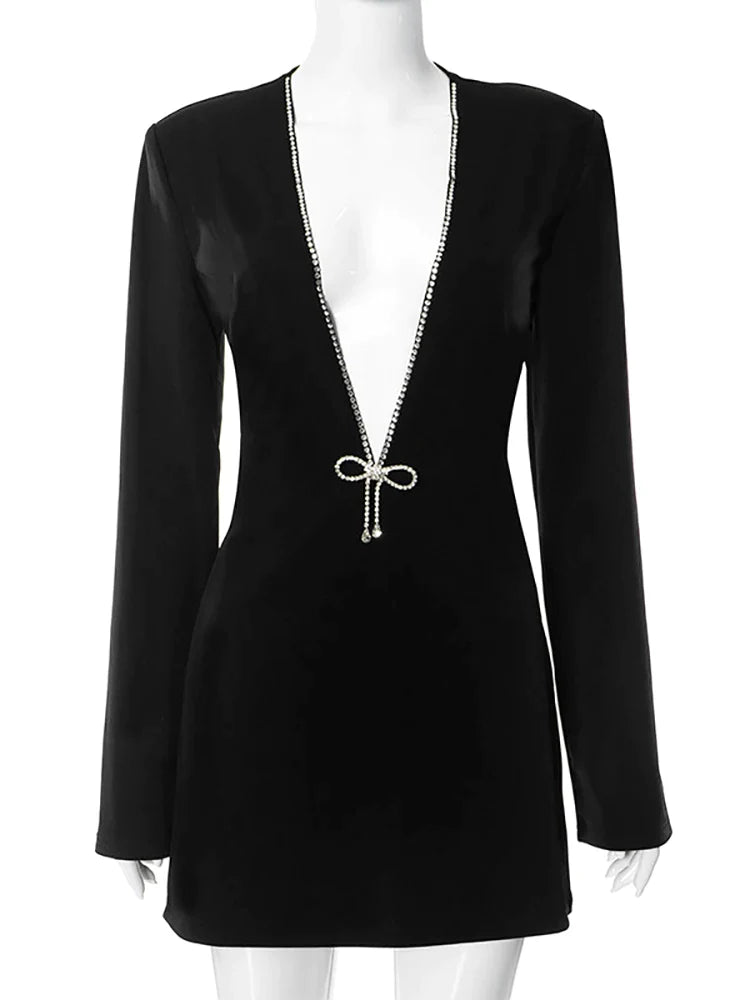 Sparkling Deep V-Neck Black Long Sleeve Evening Dress for Women - Elegant Slim Fit Party Clubwear with Diamond Details | Perfect for Night Out, Cocktail Party, Wedding Guest & Formal Events 2023