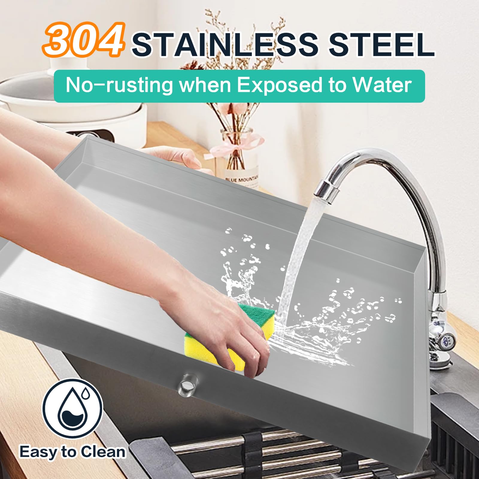 28''x30''x2.5'' Heavy Duty 304 Stainless Steel Washing Machine Drain Pan - Leak Proof Washer Tray with Drain Hole & Hose Adapter for Floor Protection | Ideal for Compact & Standard Washing Machines in Laundry Rooms, Basements & Apartments