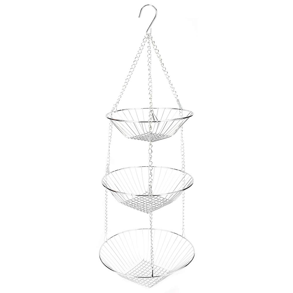 Jerliflyer 3-Tier Stainless Steel Hanging Kitchen Basket Organizer for Vegetables, Fruits, Flowers & Plants - Space-Saving Storage Solution for Pantry, Countertop, or Wall Mount