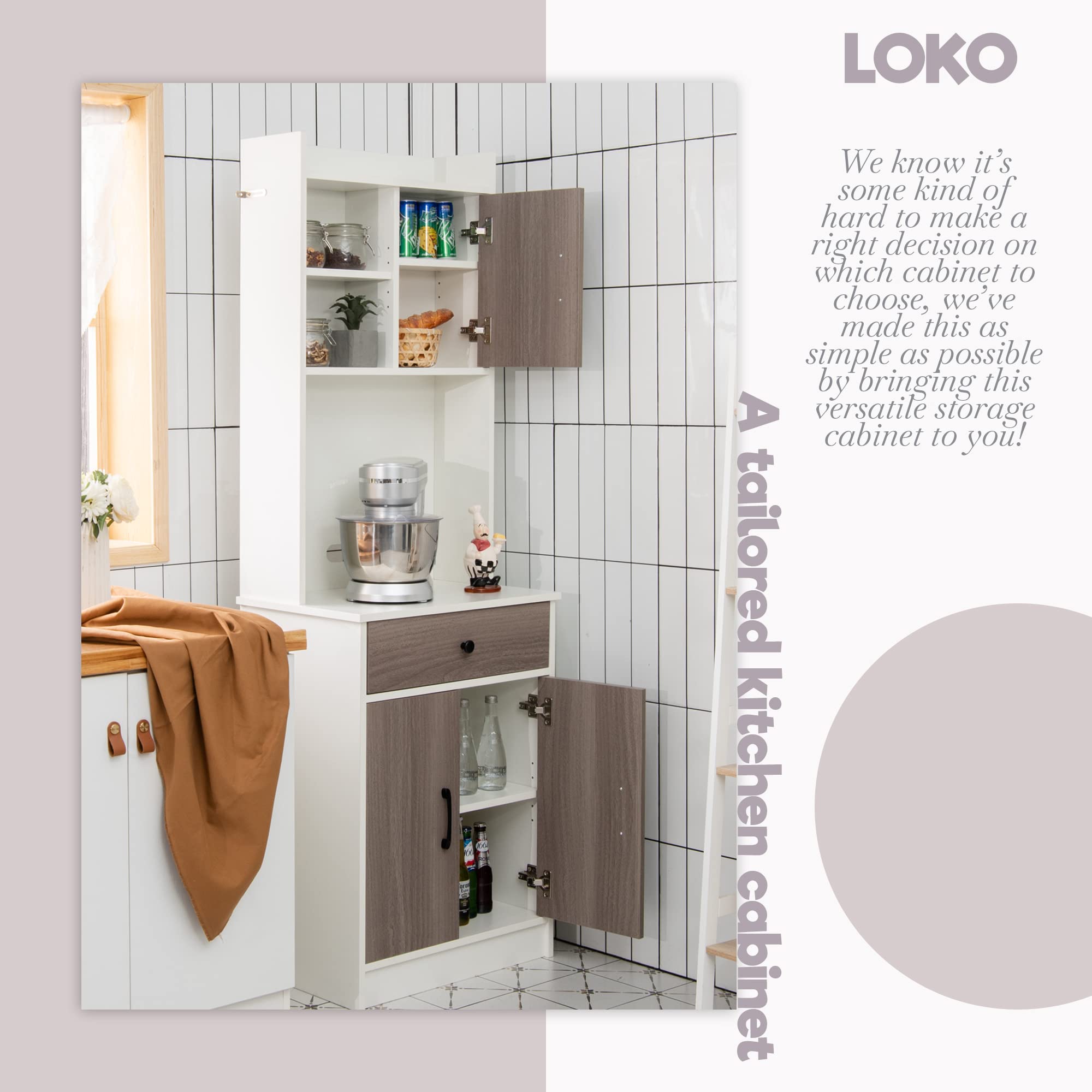 LOKO White Kitchen Pantry Storage Cabinet with Hutch, Doors & Shelves - Compact Microwave Stand & Drawers - 24