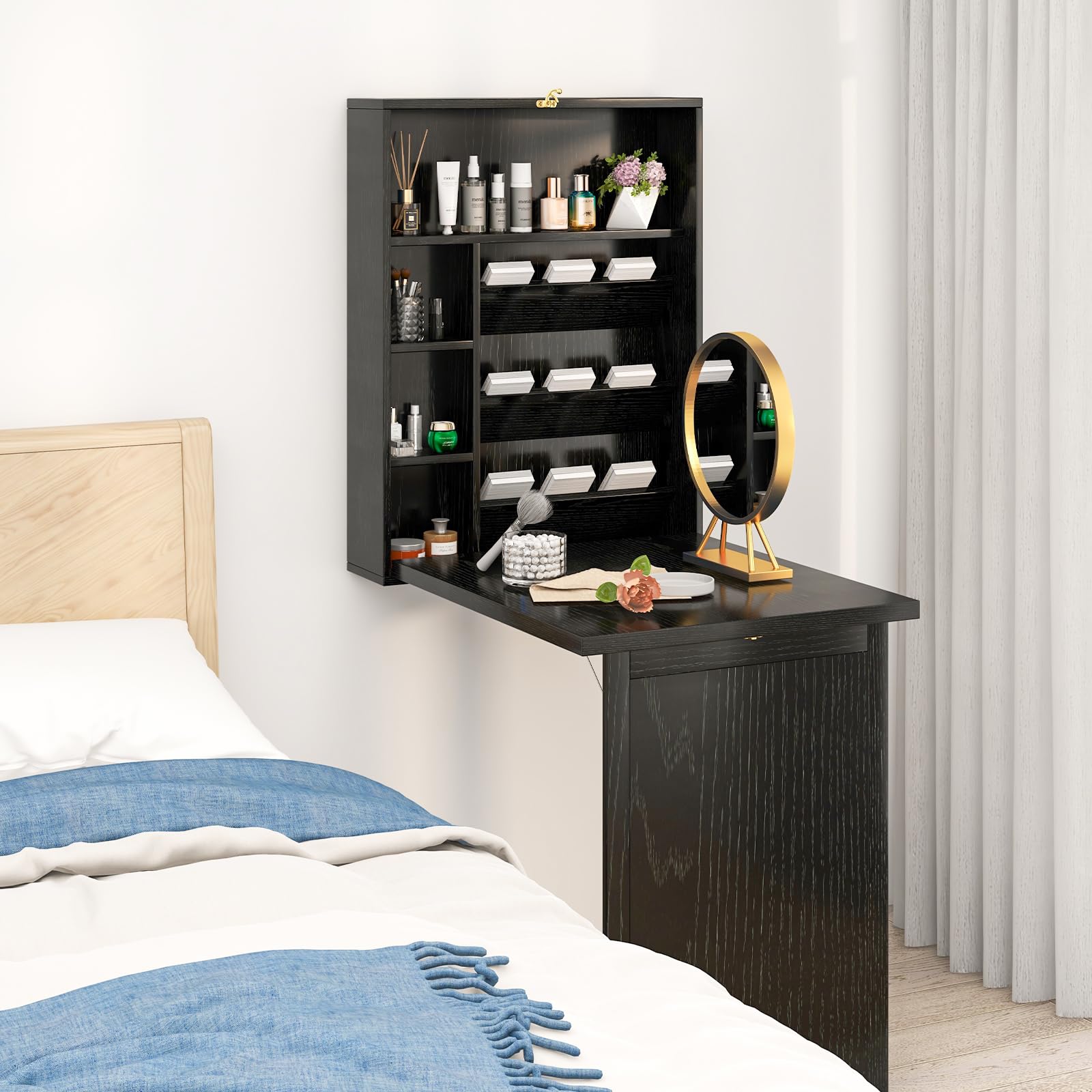 Tangkula Foldable Wall Mounted Desk with Storage Shelves & Hooks - Space Saving Floating Murphy Desk for Small Spaces, Home Office, Dorm Room - Perfect for Work, Study & Crafting in Compact Areas