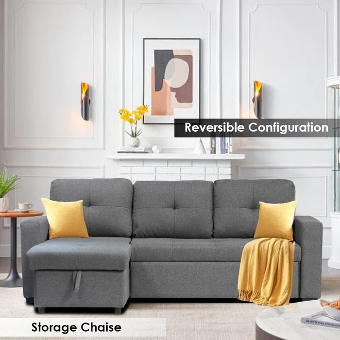 Reversible Grey Fabric Sleeper Sectional Sofa with Storage Chaise - Perfect for Small Spaces, Guest Rooms & Cozy Living Rooms