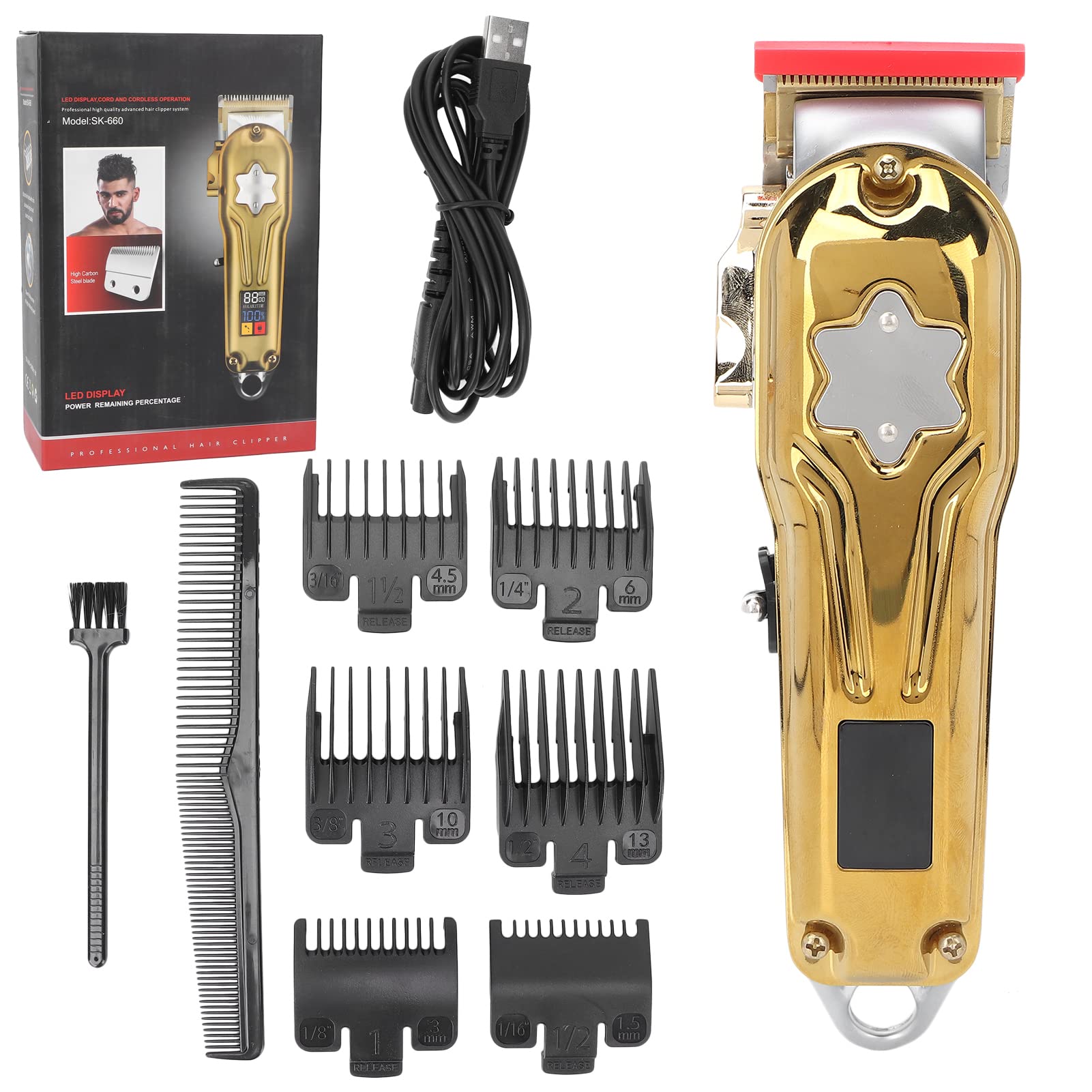 Professional USB Rechargeable Hair Trimmer for Men - 5 Adjustable Gear Electric Hair Clipper with LED Display, Gold - Home Barber & Salon Grooming Kit for Precise Haircuts & Styling | Perfect for DIY Haircuts, Beard Trimming & Personal Grooming at Home or Travel