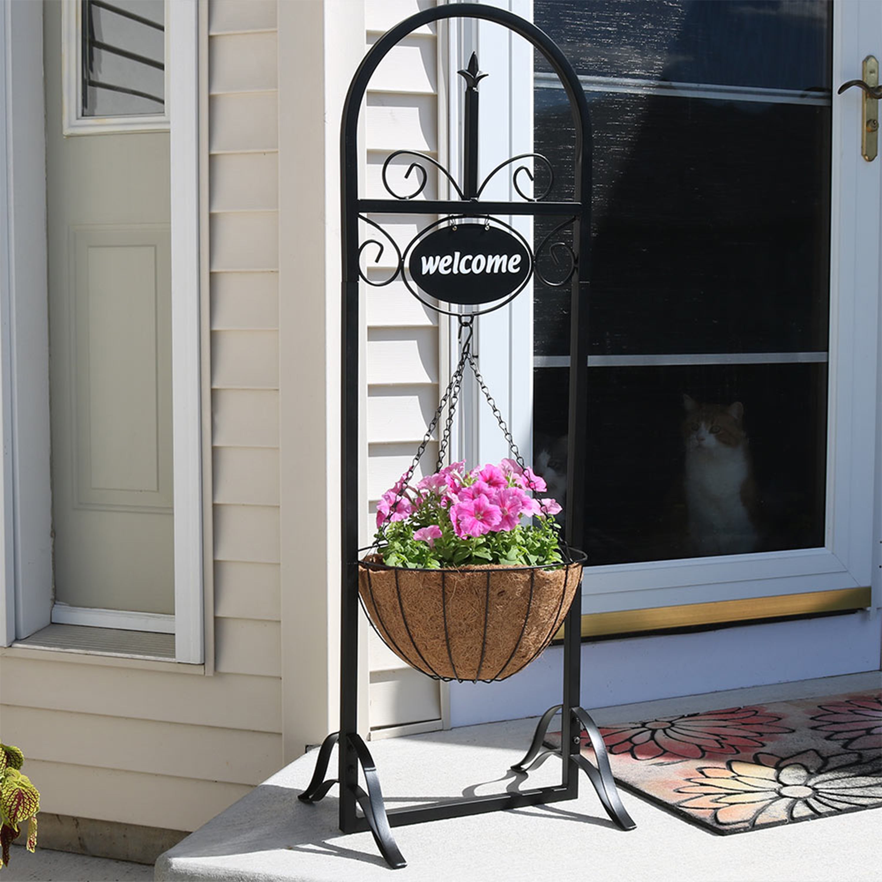 48 Inch Sunnydaze Outdoor Welcome Sign with Hanging Basket Planter Stand - Perfect for Porch, Garden & Front Door Decor