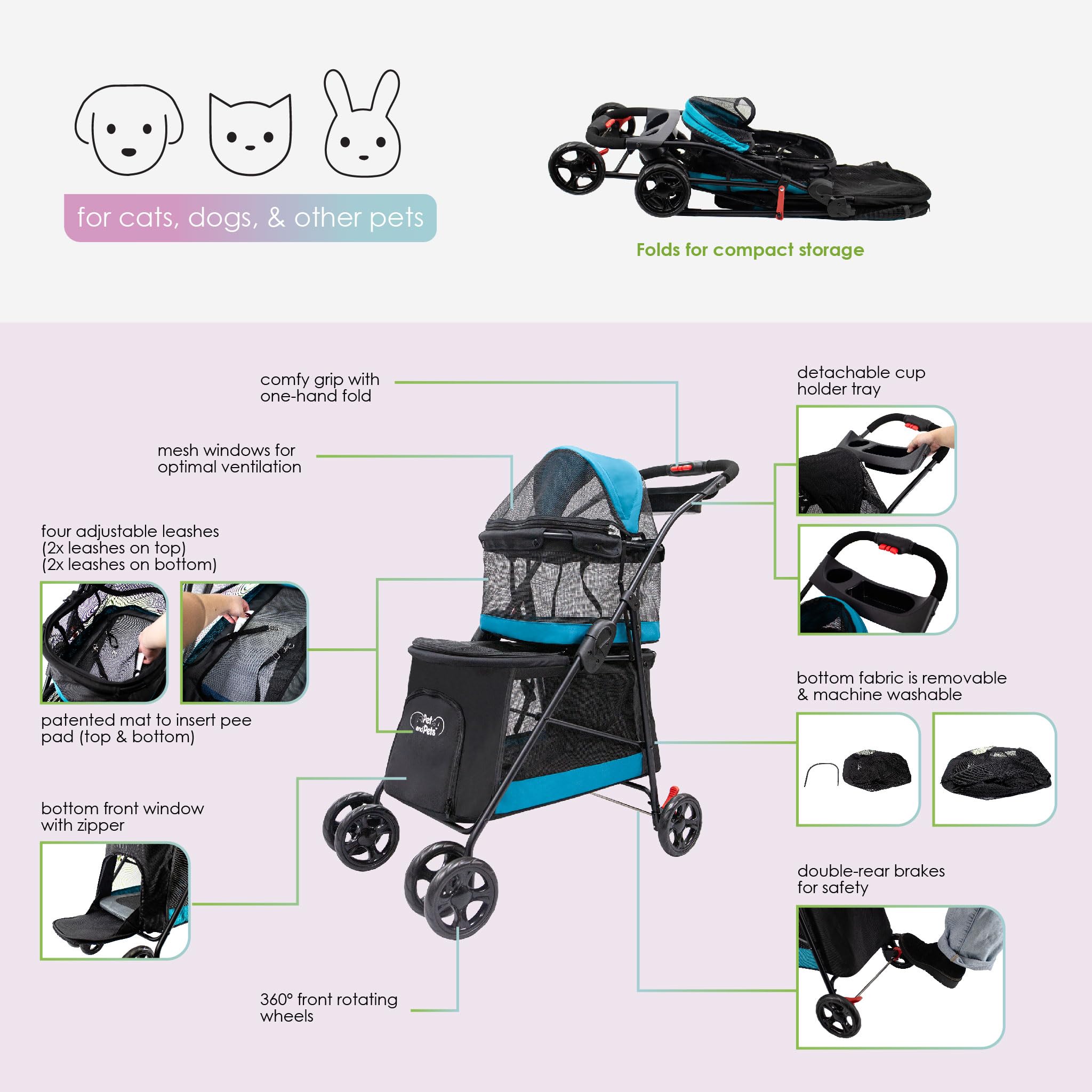 PETIQUE Double Decker Pet Stroller - 11.53lb Teal for Small Dogs & Cats