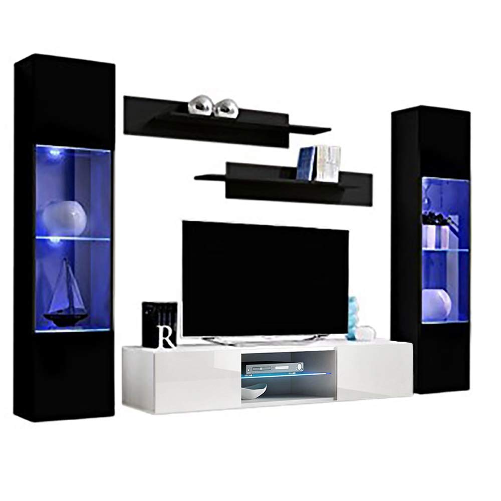 Modern Floating TV Stand with Storage & LED Lights - Wall-Mounted Entertainment Center for Living Room & Bedroom - AB3 33TV Console with Shelves in Black/White - Perfect for Small Spaces & Home Theater Setup