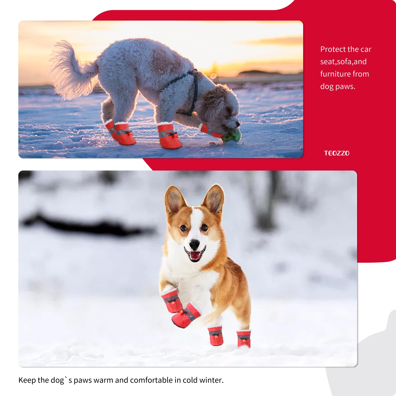 Winter Dog Boots with Reflective Strips - Warm Snow Booties & Paw Protectors for Small to Medium Dogs (4-Pack, Size 7, Red) - Perfect for Snowy Walks, Hiking & Outdoor Adventures