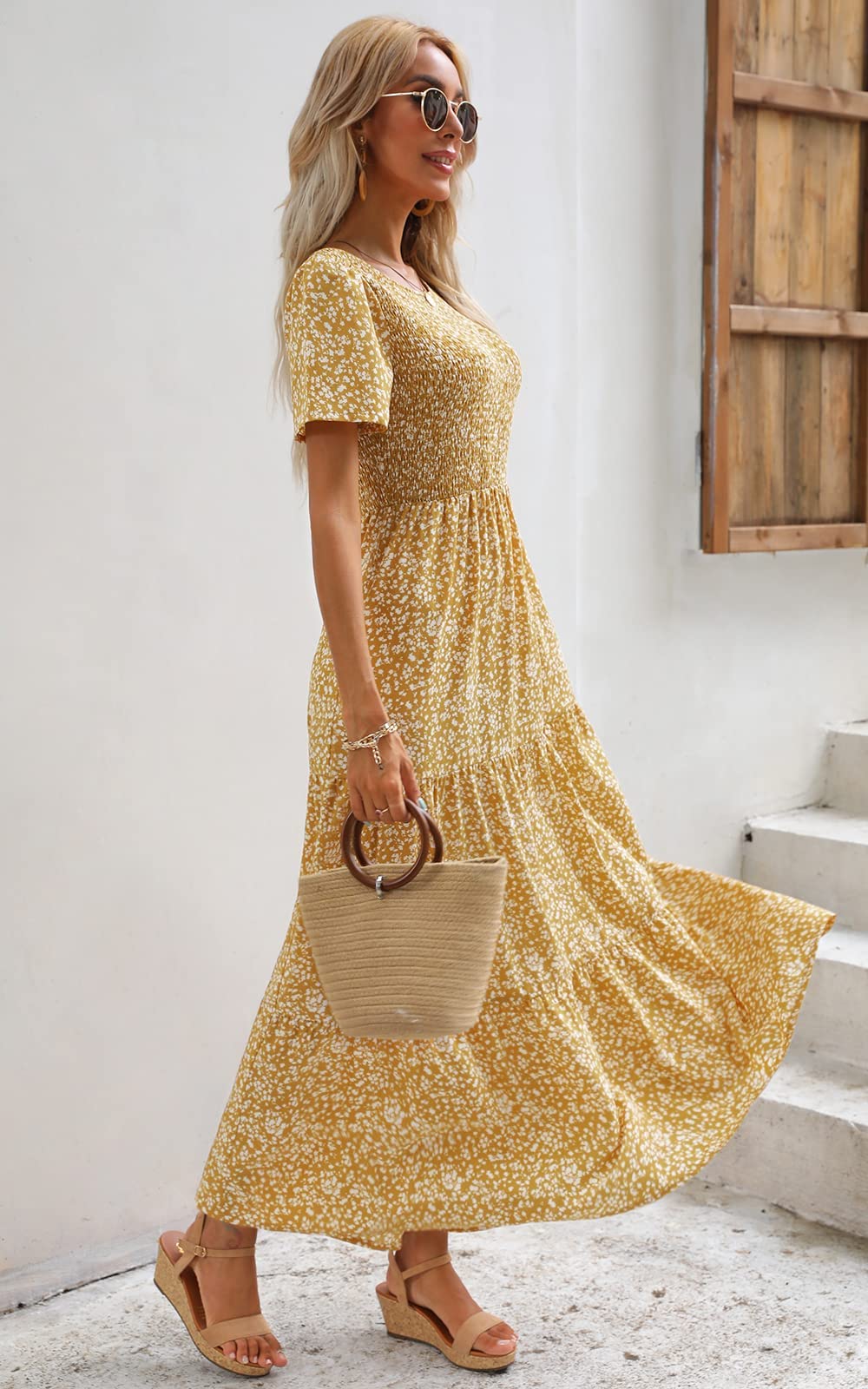 Maggeer Women's 2025 Spring Summer Floral Boho Maxi Dress - Smocked Waist, Short Sleeve, Flowy Wedding Guest Dress for Beach Parties & Casual Outings