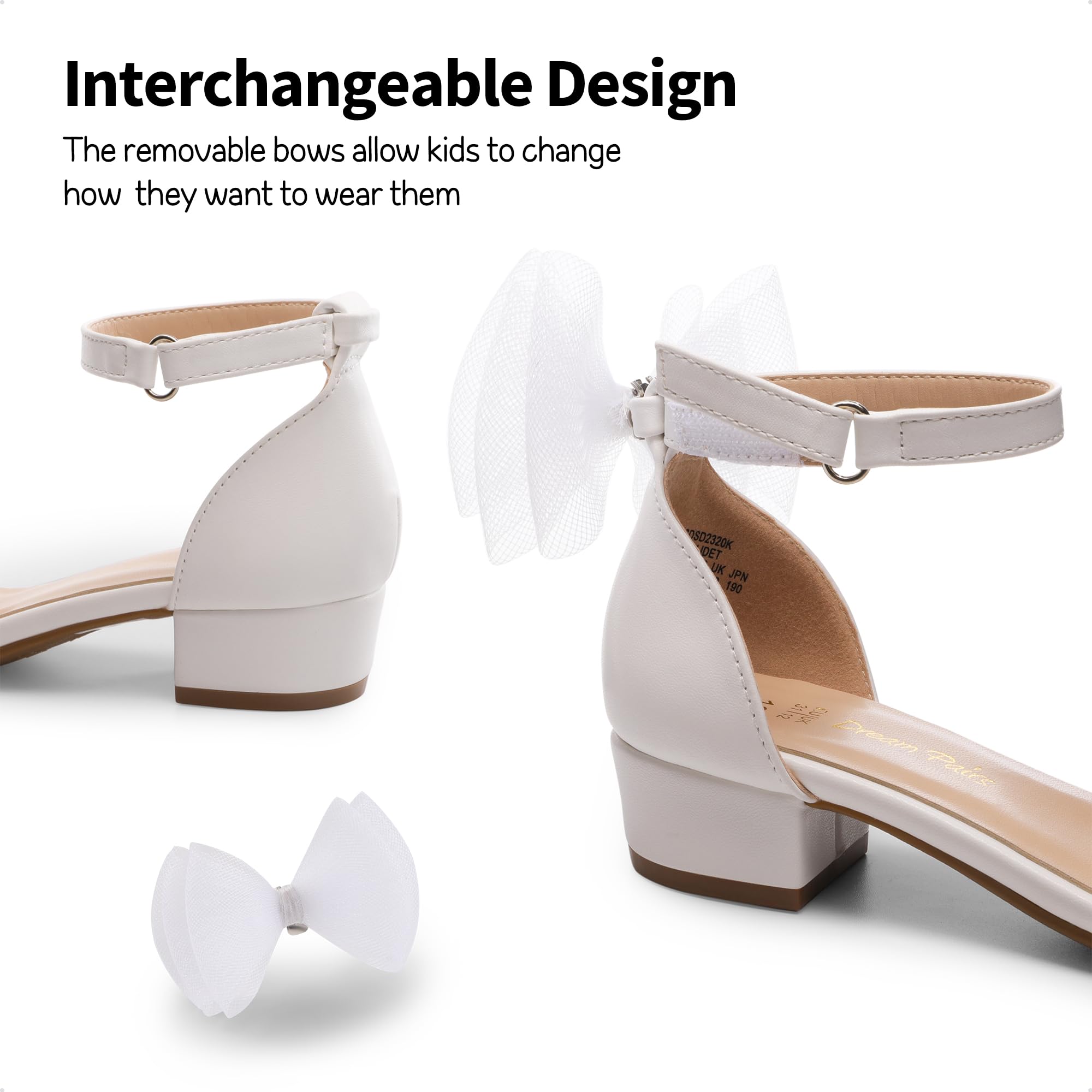 **Dream Pairs Girls' Low Heel Sandals with Interchangeable Bow & Flower Ankle Straps – Comfortable Dress Pumps for Weddings, Parties & Special Occasions**    *(Perfect for flower girls, birthday celebrations, and formal events – stylish & versatile for little and big kids!)*