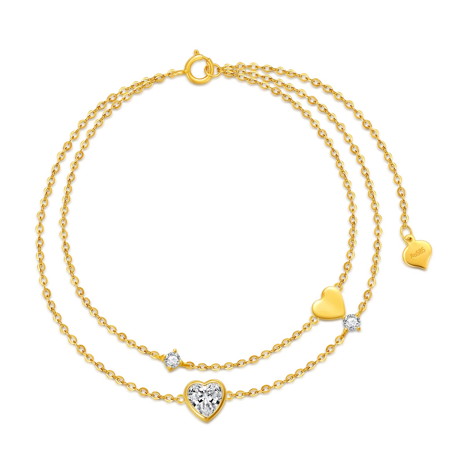 14K Real Gold Heart Beaded Bracelet for Women - Yellow Gold Love Bracelet with Three Hearts, Birthday & Christmas Jewelry Gift (6.5+2 inch) - Perfect for Date Night, Anniversary & Special Occasions