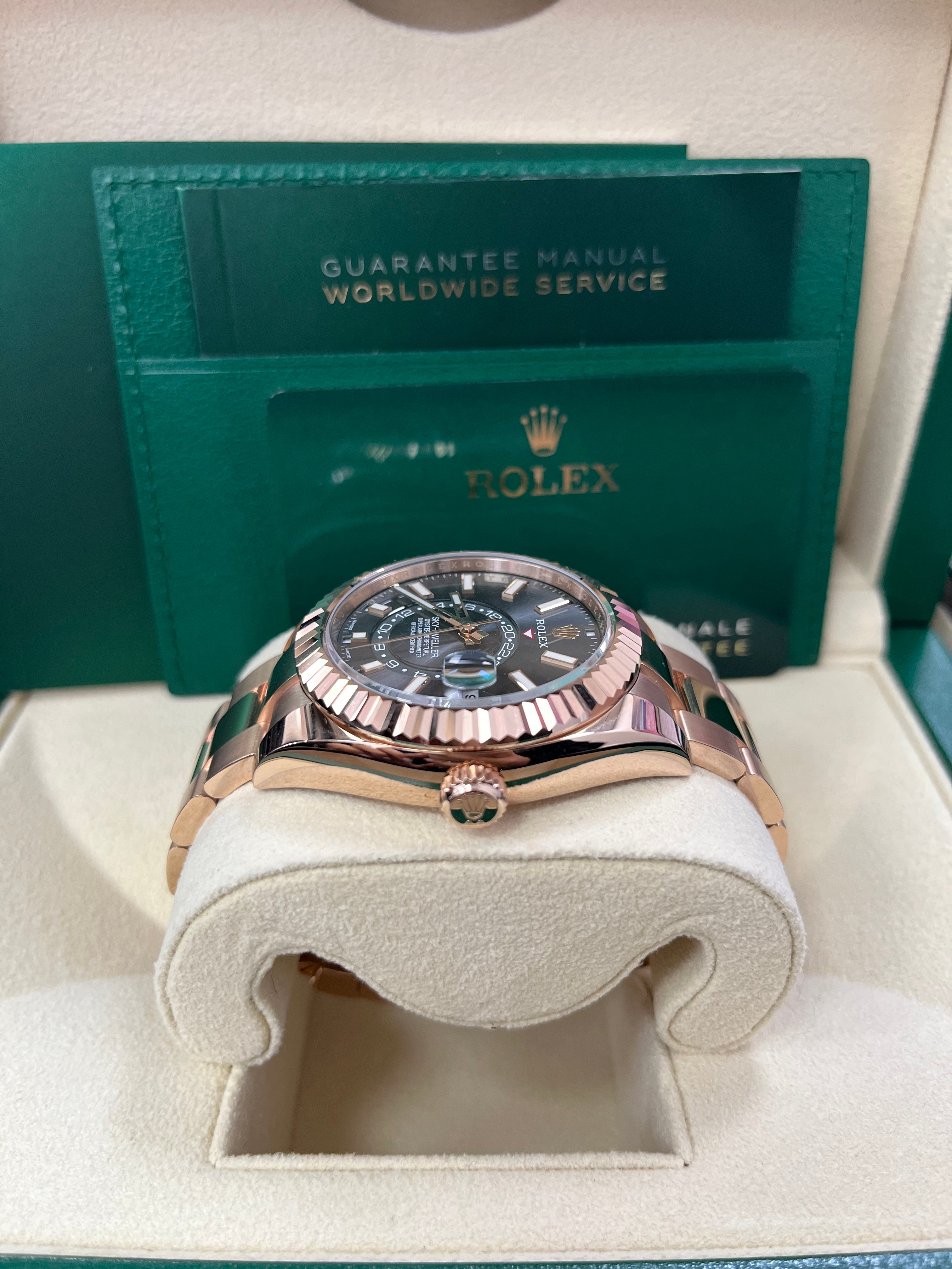 Luxury Rolex Sky Dweller Rose Gold Watch with Dark Rhodium Index Dial & Oyster Bracelet (Ref# 326935) - Perfect for Business Meetings, Formal Events & Luxury Collectors