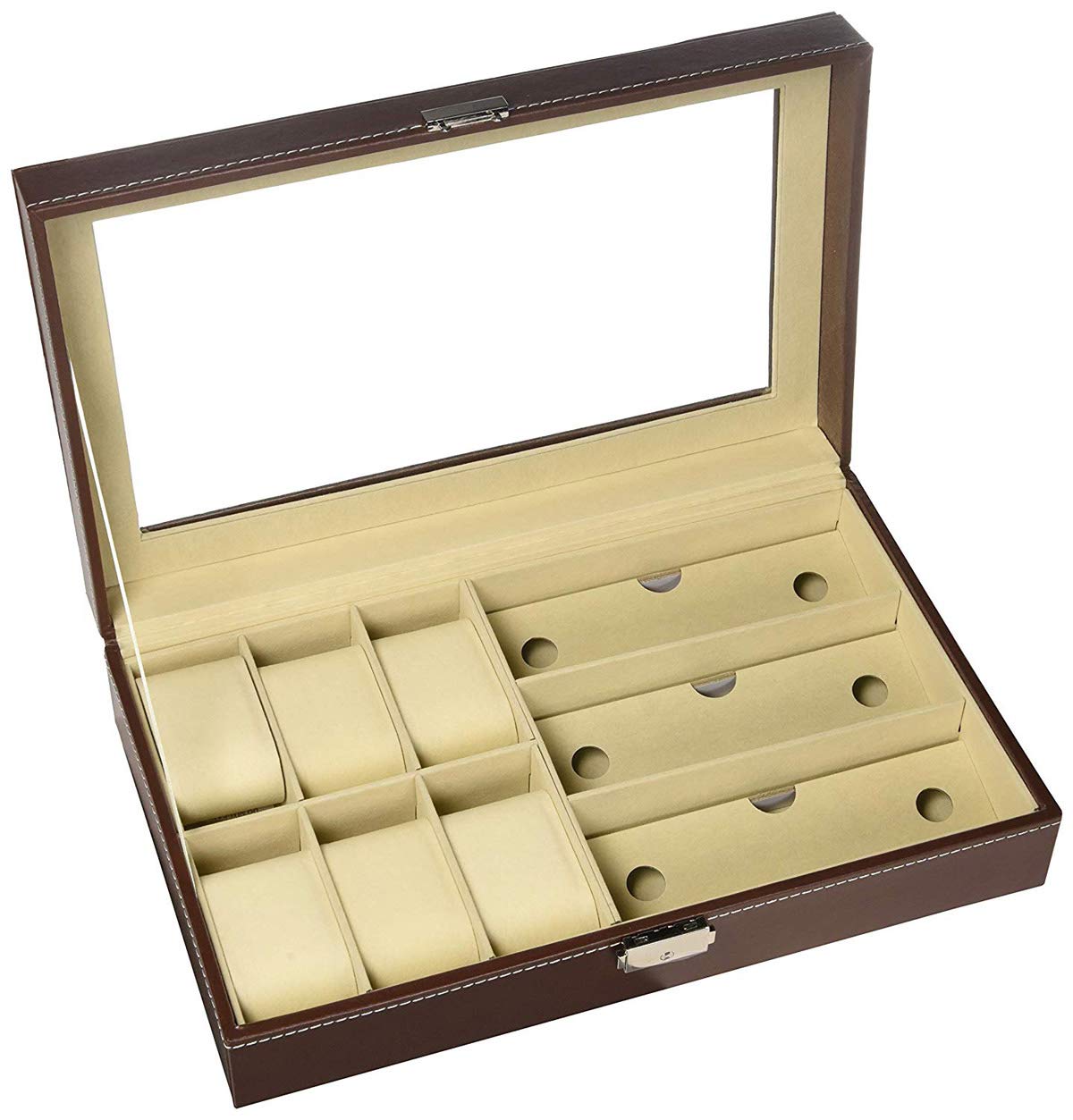 AUTOARK Genuine Leather 6-Slot Watch Box & 3-Piece Eyeglass Storage Organizer - Premium Sunglasses Display Case for Men & Women, Brown (AW-020) | Perfect for Home, Office & Travel Accessory Organization