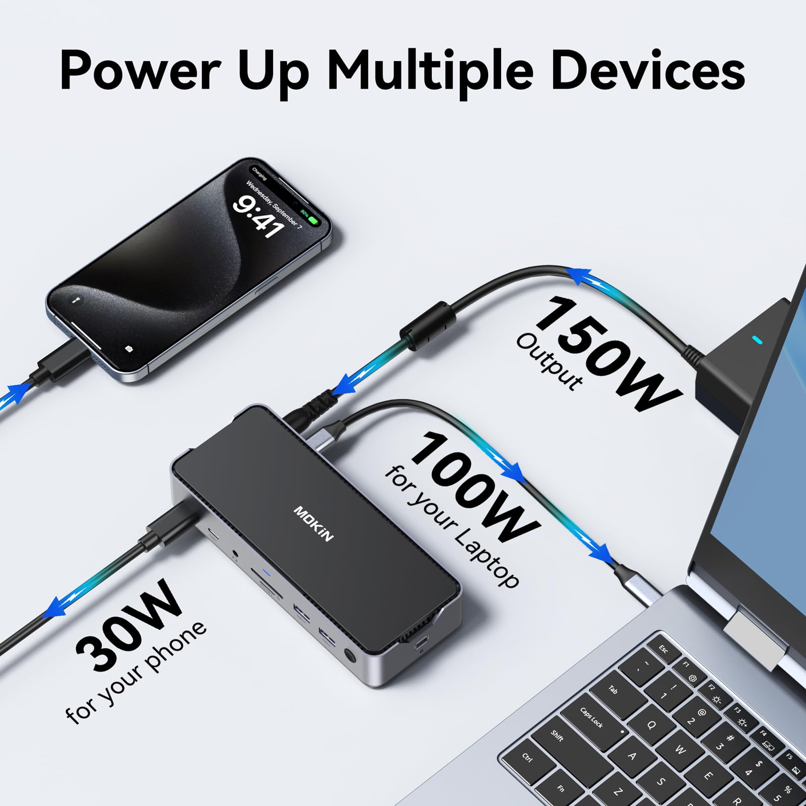 Premium USB C Docking Station for Laptop - Triple Monitor Support with 2 HDMI & DisplayPort 4K@144Hz, USB A 2.0/3.0, USB C 3.1 10Gbps & 30W Output, Ethernet, MicroSD/SD Card Reader, Audio/Mic Ports, 150W DC Power - Compatible with Dell/HP/Lenovo - Perfect for Home Office, Gaming & Professional Workstations